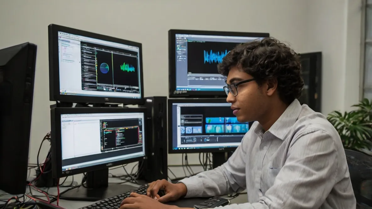 Students working on computer code in a modern classroom.