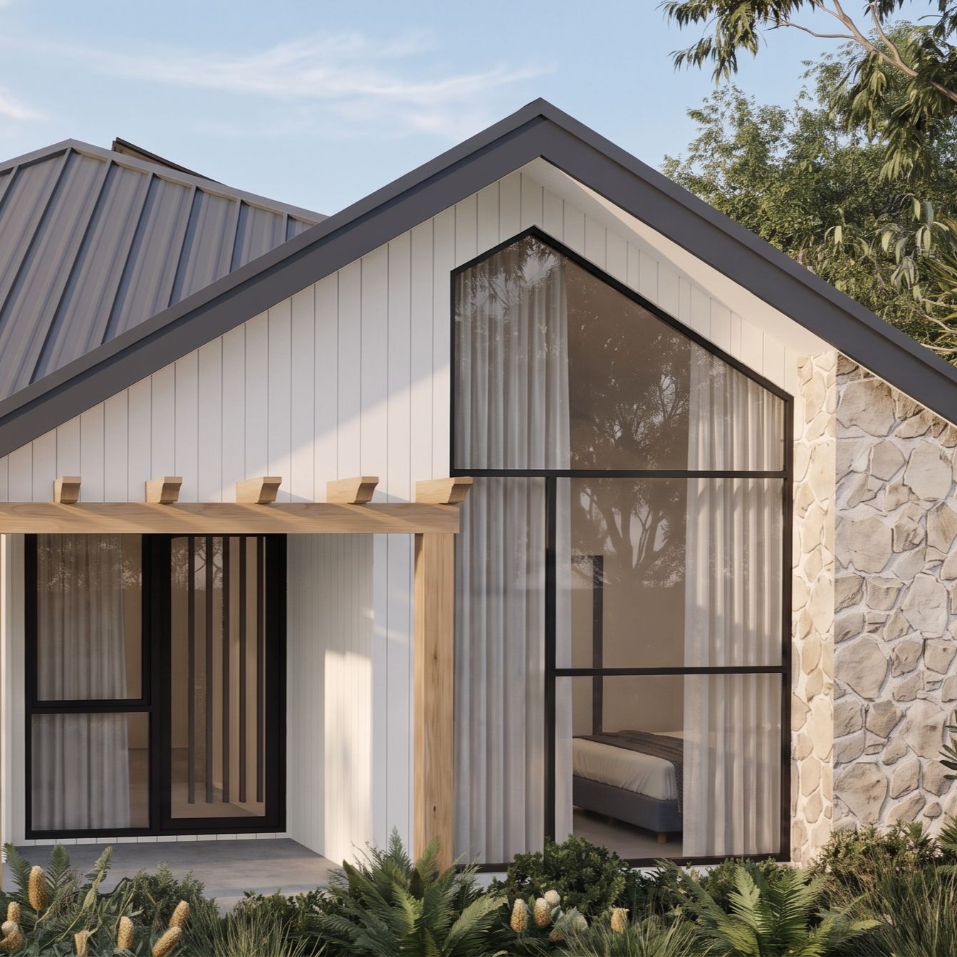 Front façade renders of two single storey detached dual occupancy homes in Mudgee, featuring gabled roofs, stone and white cladding, and timber entry details.
