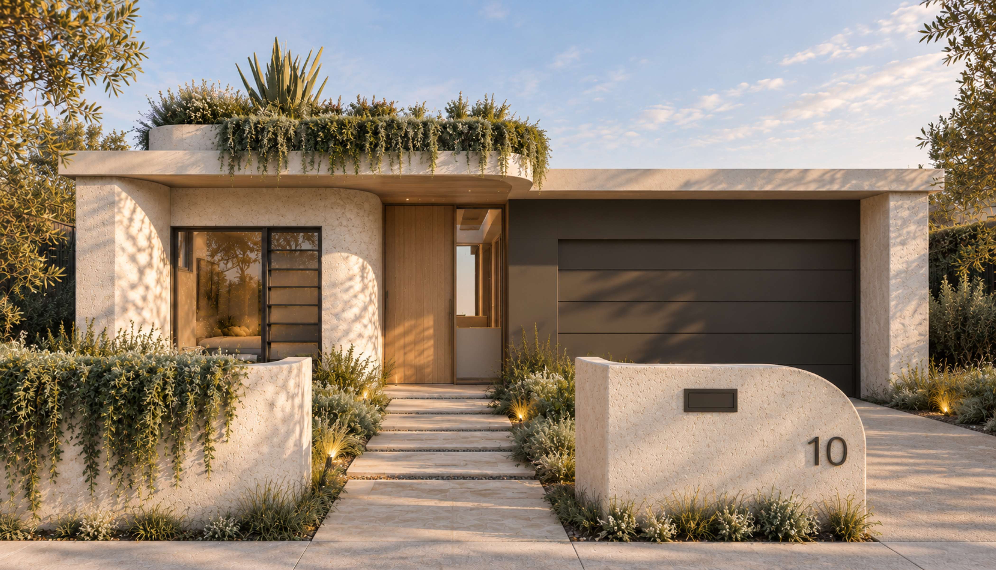 Front façade render of a luxury home in Ryde, with curved garden walls, a timber entrance and cascading roofline planting.