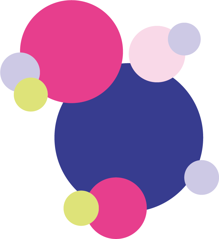 Composition de cercles colorés de différentes tailles en nuances de violet, beige et lavande sur fond noir.