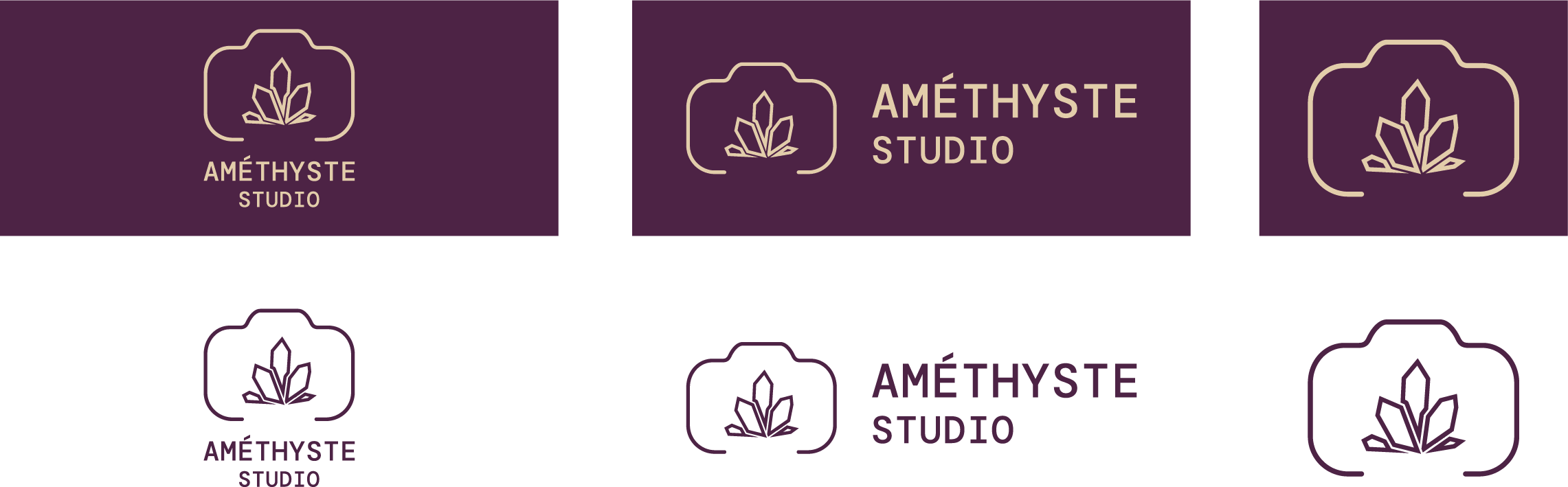 Six variations de logos d'Améthyste Studio avec une icône de cristal stylisé dans un cadre évoquant un appareil photo, en tons violet et beige.