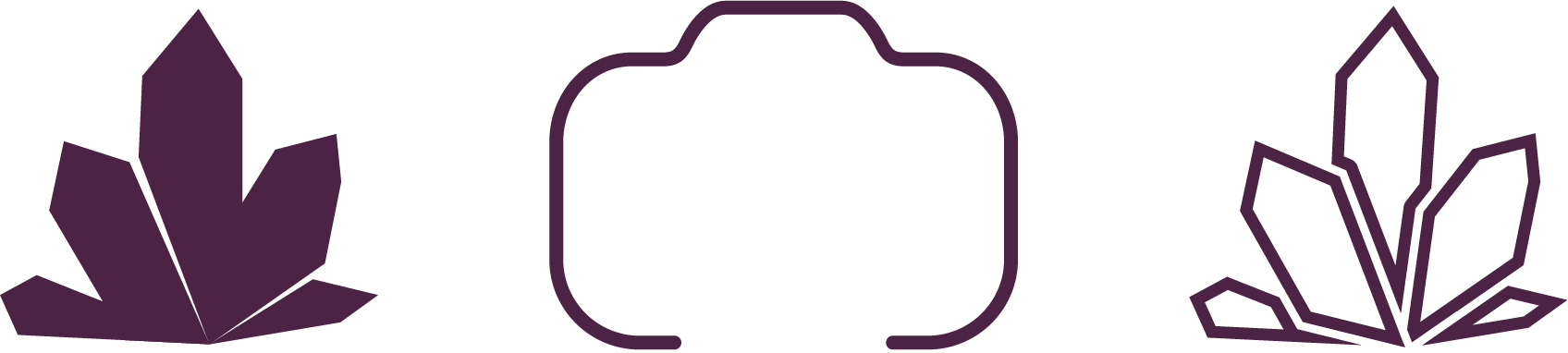 Trois illustrations de cristaux : un groupe de cristaux remplis de couleur violette, une forme de cristal en contour violet, et un groupe de cristaux avec des contours violet.