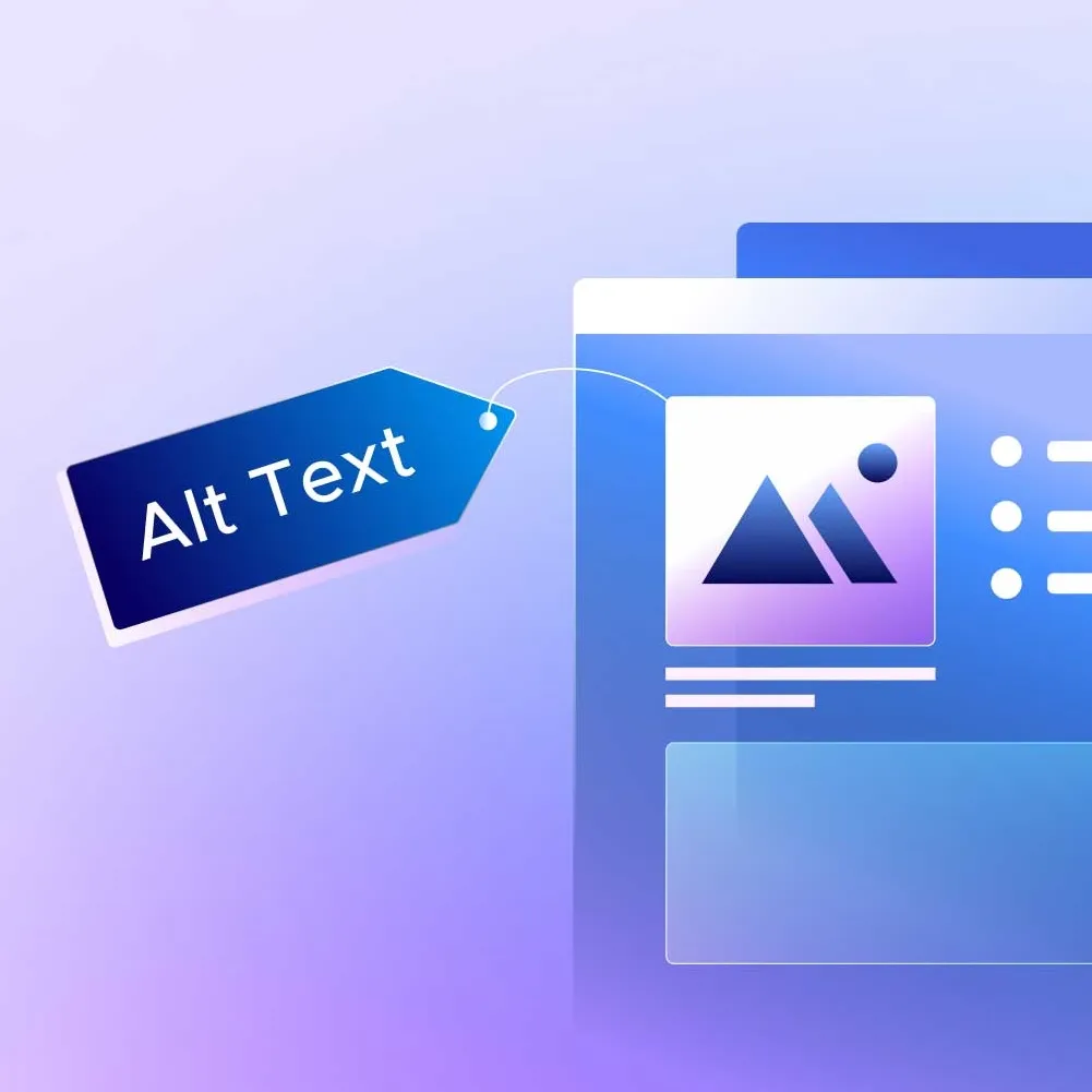 Étiquette bleue avec texte Alt Text reliée à une fenêtre d'interface graphique avec icône image.