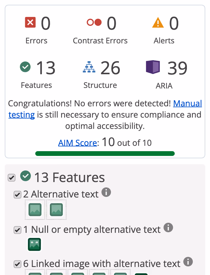 Audit WAVE de cet article : 0 erreur, 0 alerte, score AIM 10 sur 10