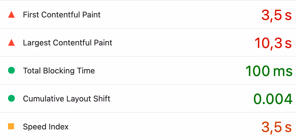 Métriques Core Web Vitals mesurées par PageSpeed Insights pour agence-hephaistos.com : First Contentful Paint, Largest Contentful Paint, Total Blocking Time, Cumulative Layout Shift et Speed Index