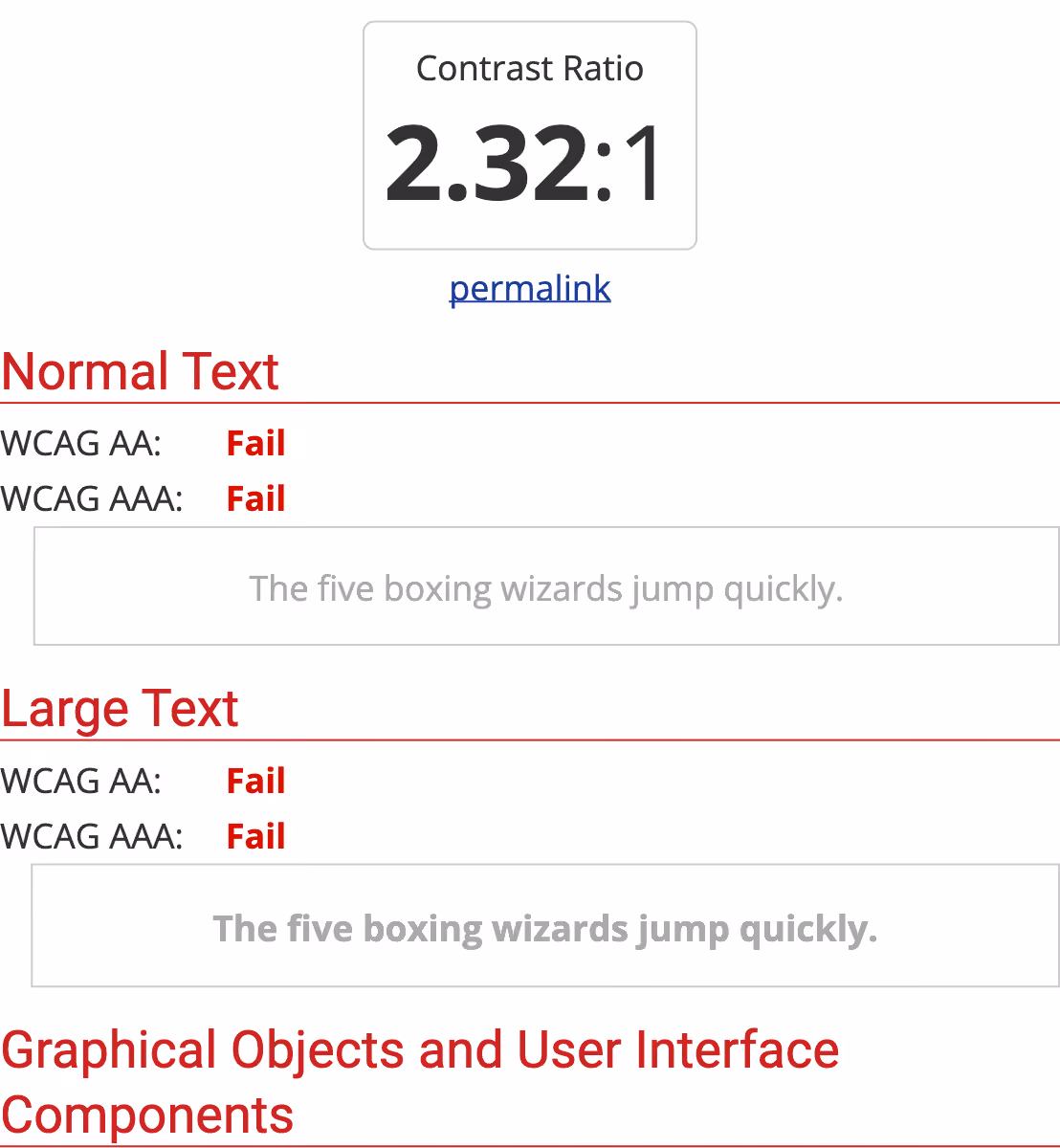 Résultat du WebAIM Contrast Checker pour un texte gris (#AAAAAA) sur fond blanc : ratio de contraste 2,32:1, échec WCAG AA et AAA