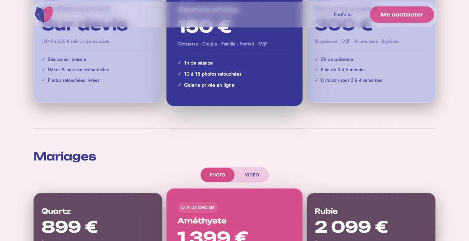 Toggle Photo/Vidéo et cartes tarifs des formules mariage Quartz, Améthyste et Rubis sur la page portfolio du site Améthyste Studio