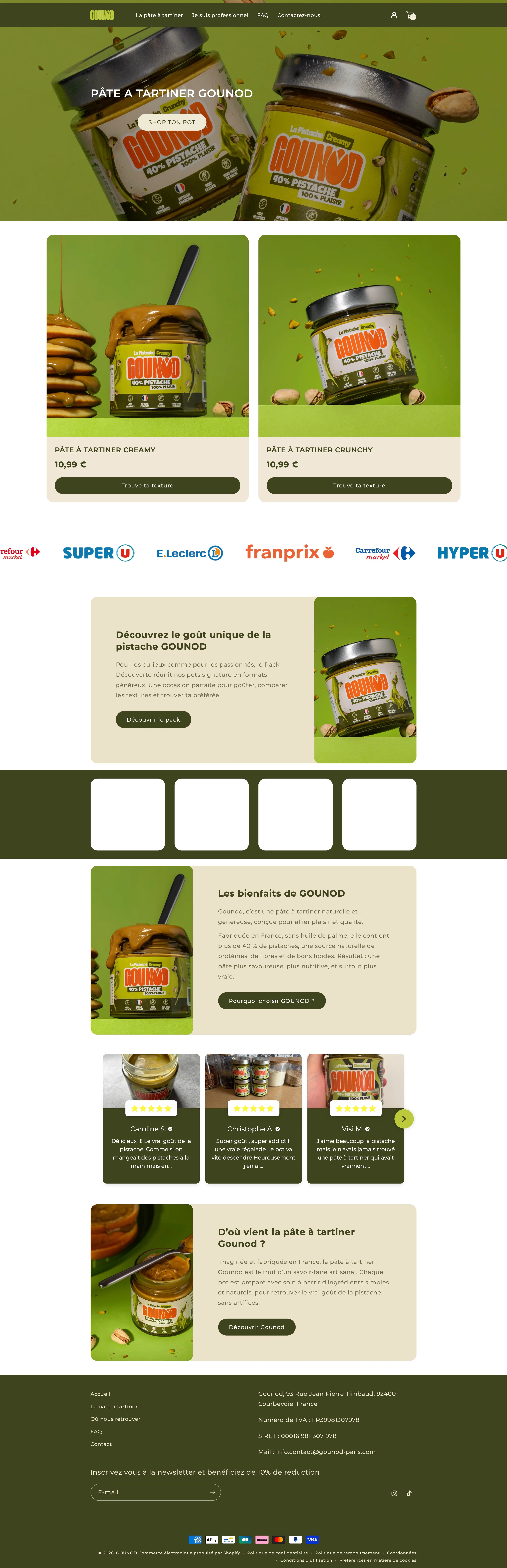 Nouvelle page d'accueil du site Gounod après refonte, fond clair et présentation des textures Creamy et Crunchy