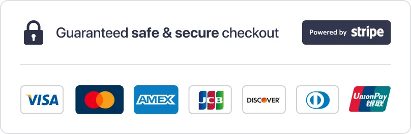 Payment methods section showing a lock icon with text 'Guaranteed safe & secure checkout' and logos of Visa, Mastercard, Amex, JCB, Discover, Diners Club, UnionPay, and a Stripe powered badge.