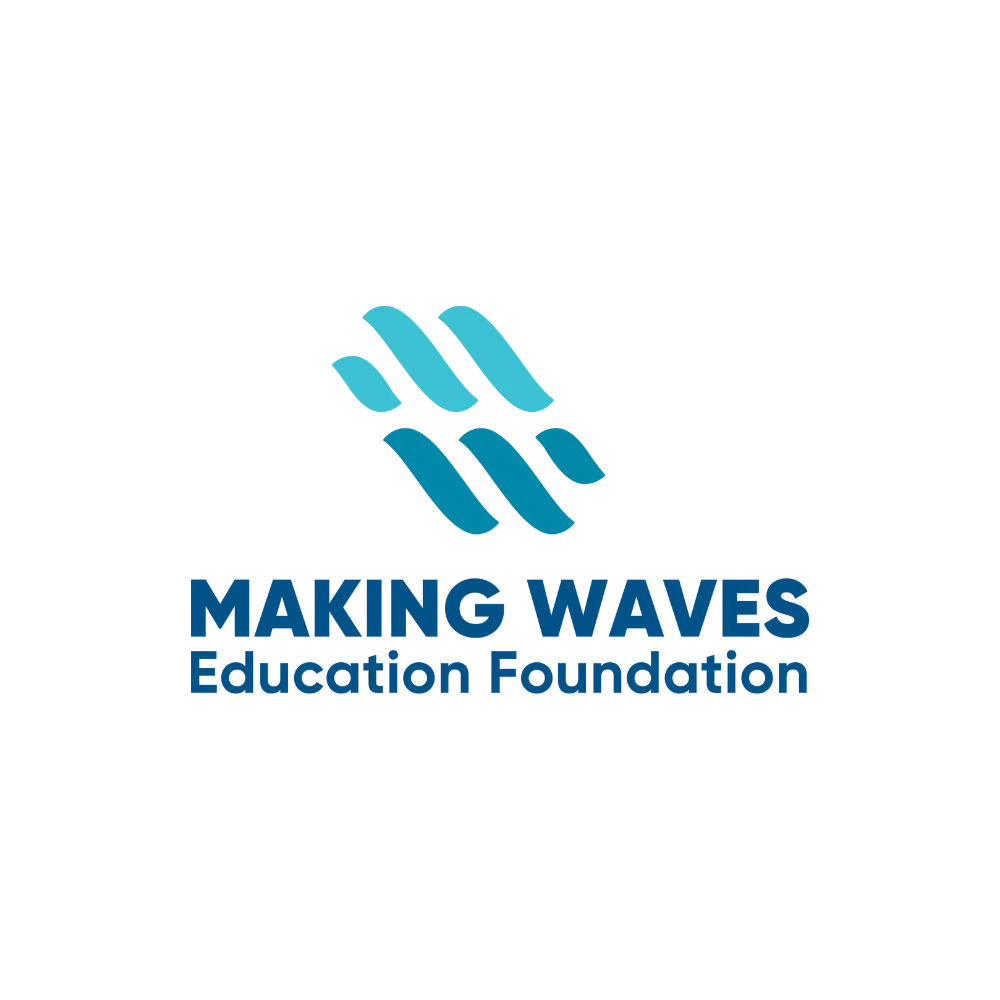 Logo with stylized blue waves above the text 'MAKING WAVES Education Foundation'.