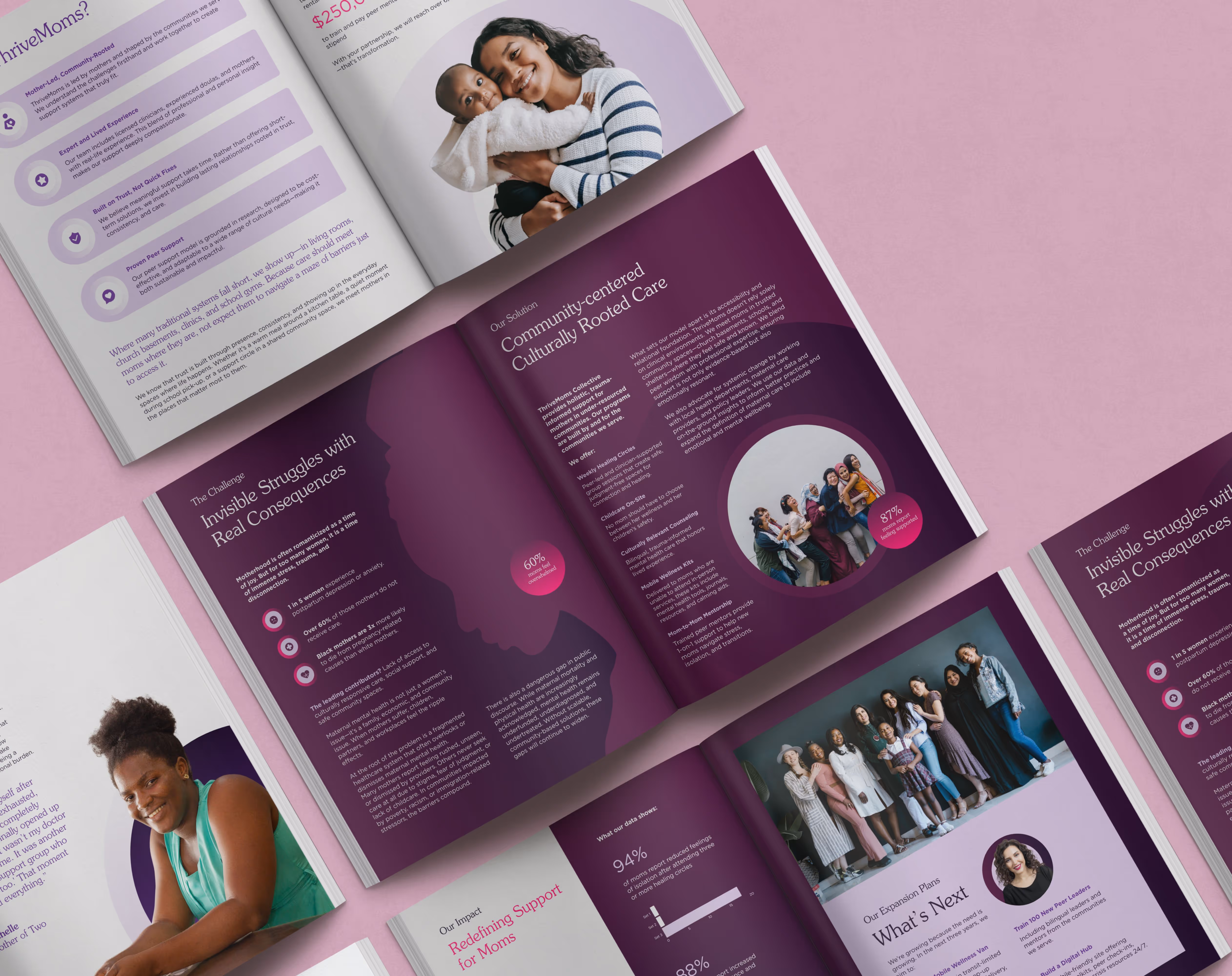 Open brochure on a pink surface showing pages about community-centered culturally rooted care with photos of women and children.