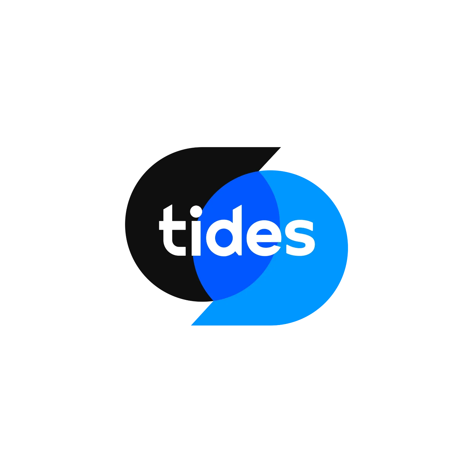 Logo featuring the word 'tides' in white lowercase letters overlapping a black and blue overlapping speech bubble design.