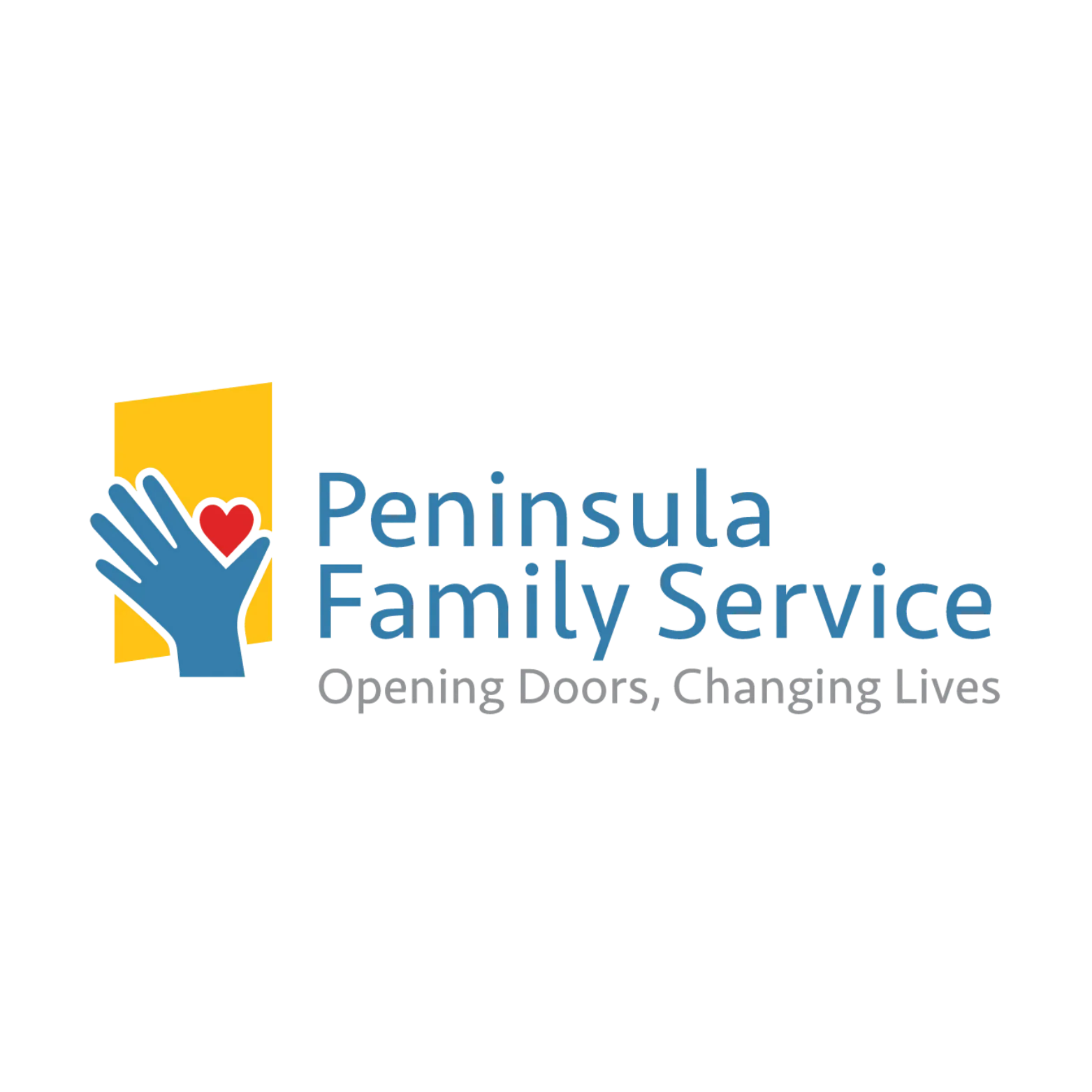 Logo of Peninsula Family Service with a blue hand holding a red heart in front of a yellow door, and the text 'Opening Doors, Changing Lives'.
