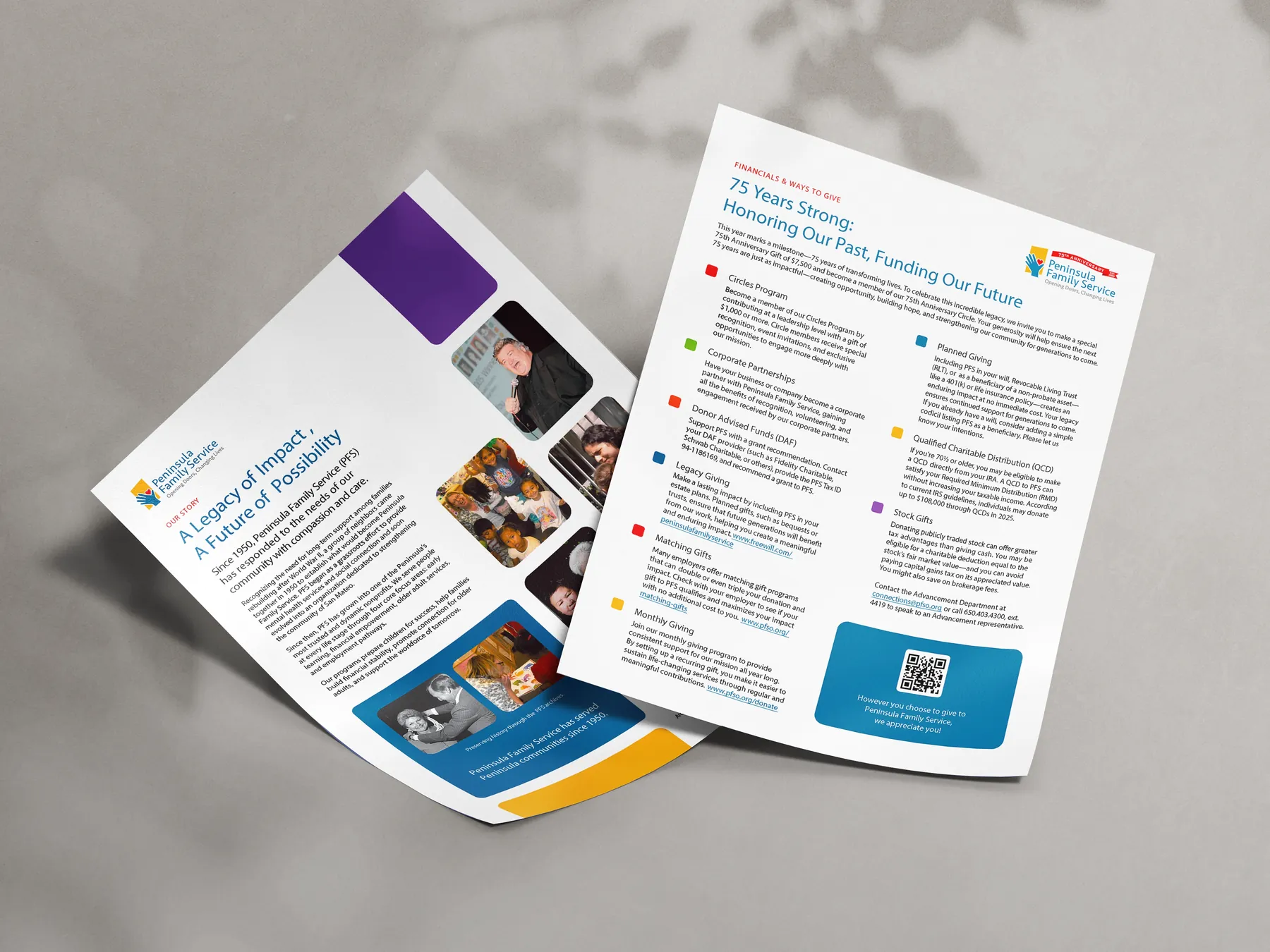 Two-page brochure for Peninsula Family Service featuring their legacy and donation options including circles program, partnerships, planned giving, and stock gifts.