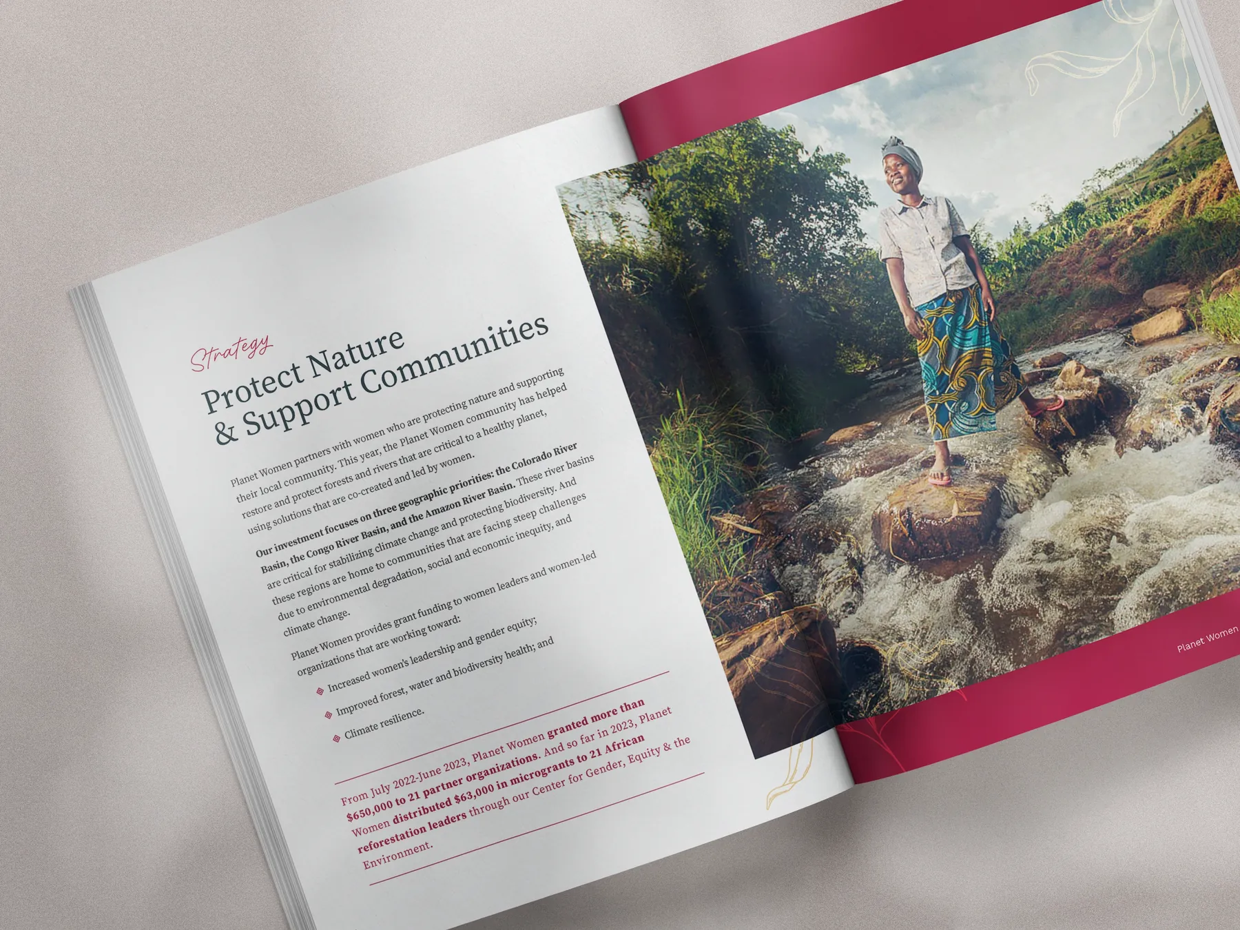 Open spread of a Planet Women report featuring a woman on river rocks in a lush green landscape
