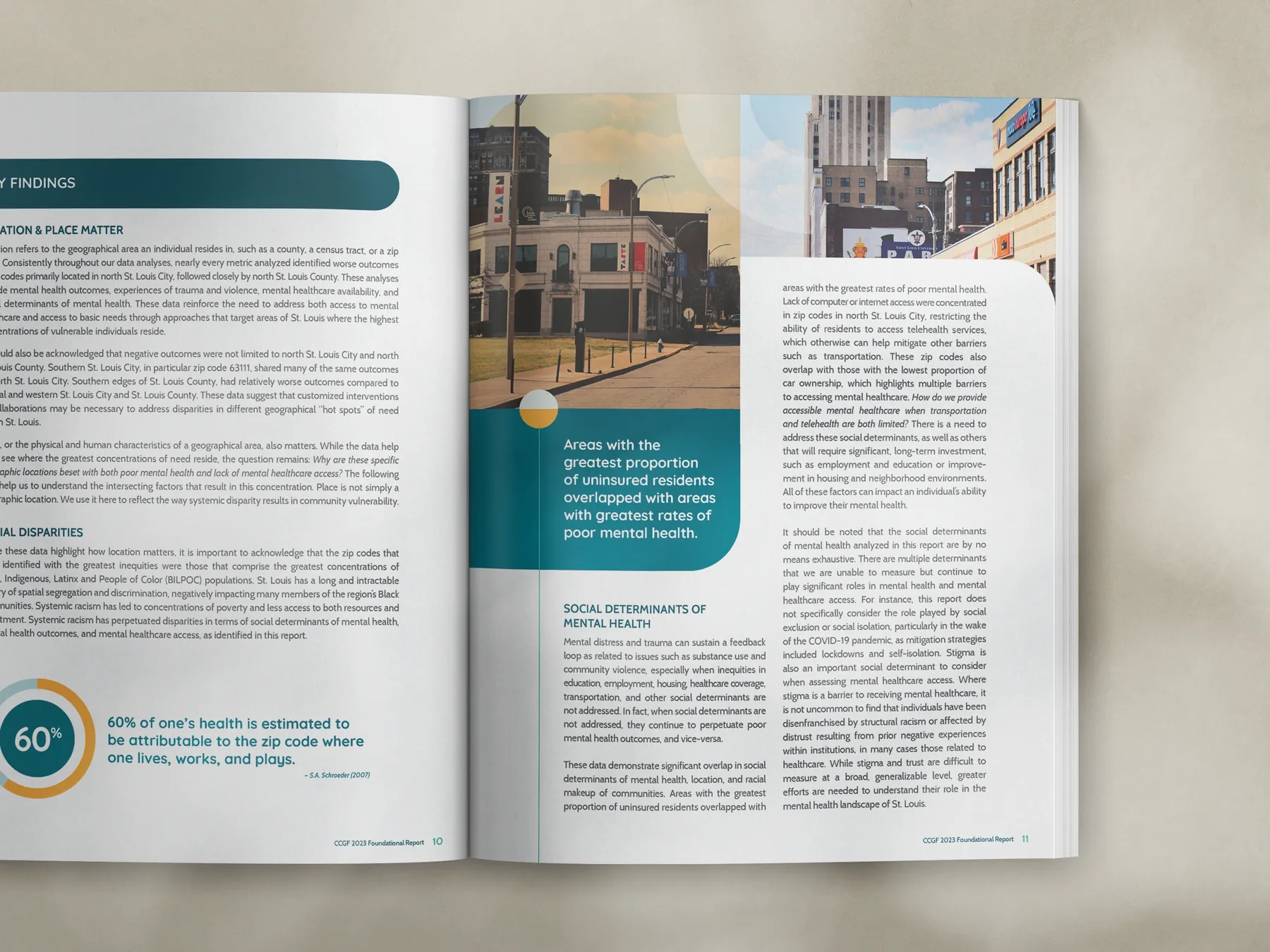 Open book showing text and a page section highlighting a report on social determinants of mental health with a city street photo and a circular chart indicating 60% health attribution to zip code.