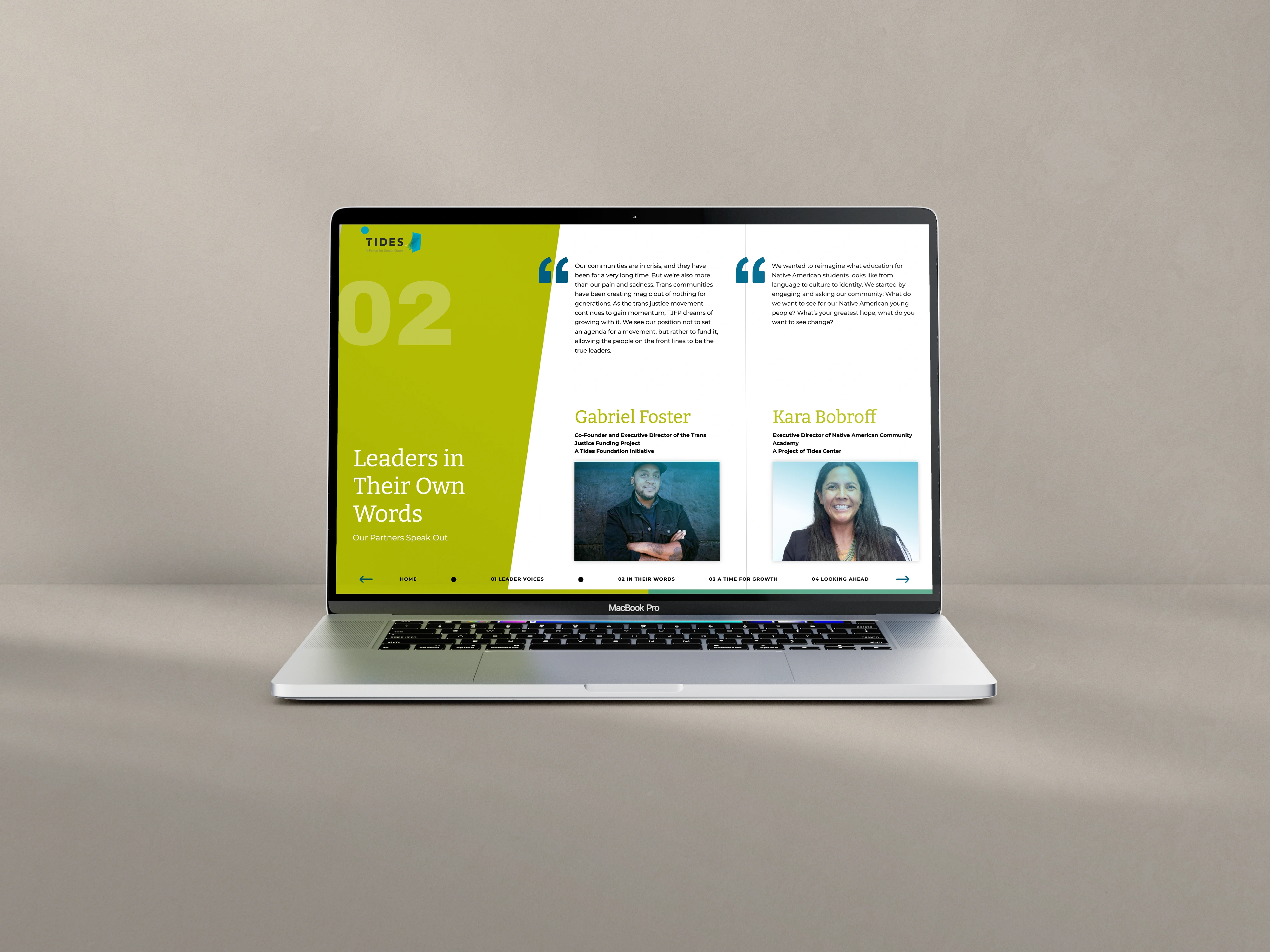 MacBook Pro displaying a webpage titled 'Leaders in Their Own Words' with profiles of Gabriel Foster and Kara Bobroff, including their photos and quotes.