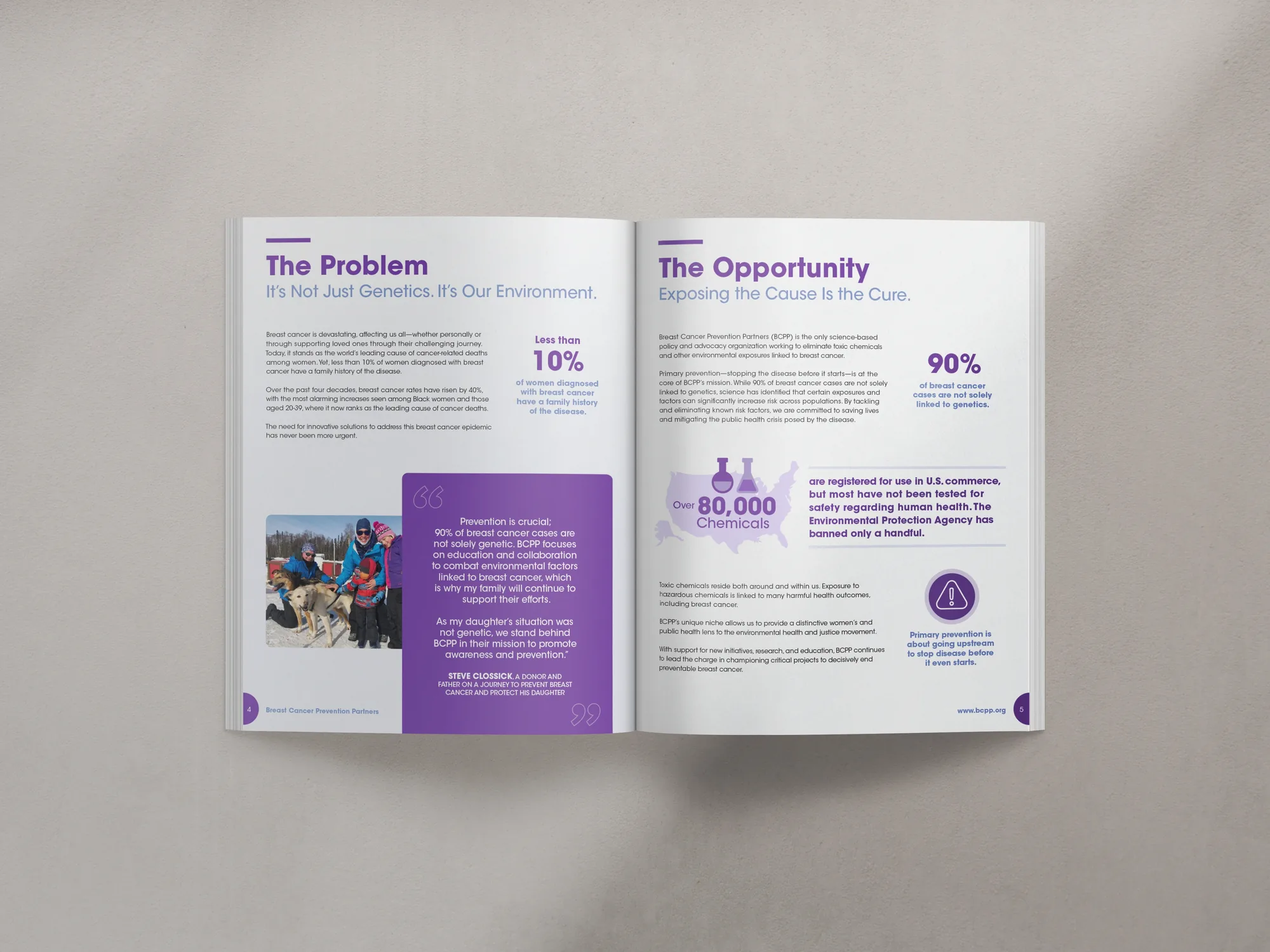 Open booklet showing a Breast Cancer Prevention Partners case study with sections titled The Problem and The Opportunity, statistics on breast cancer, a quote box, and an image of a family with dogs outdoors.