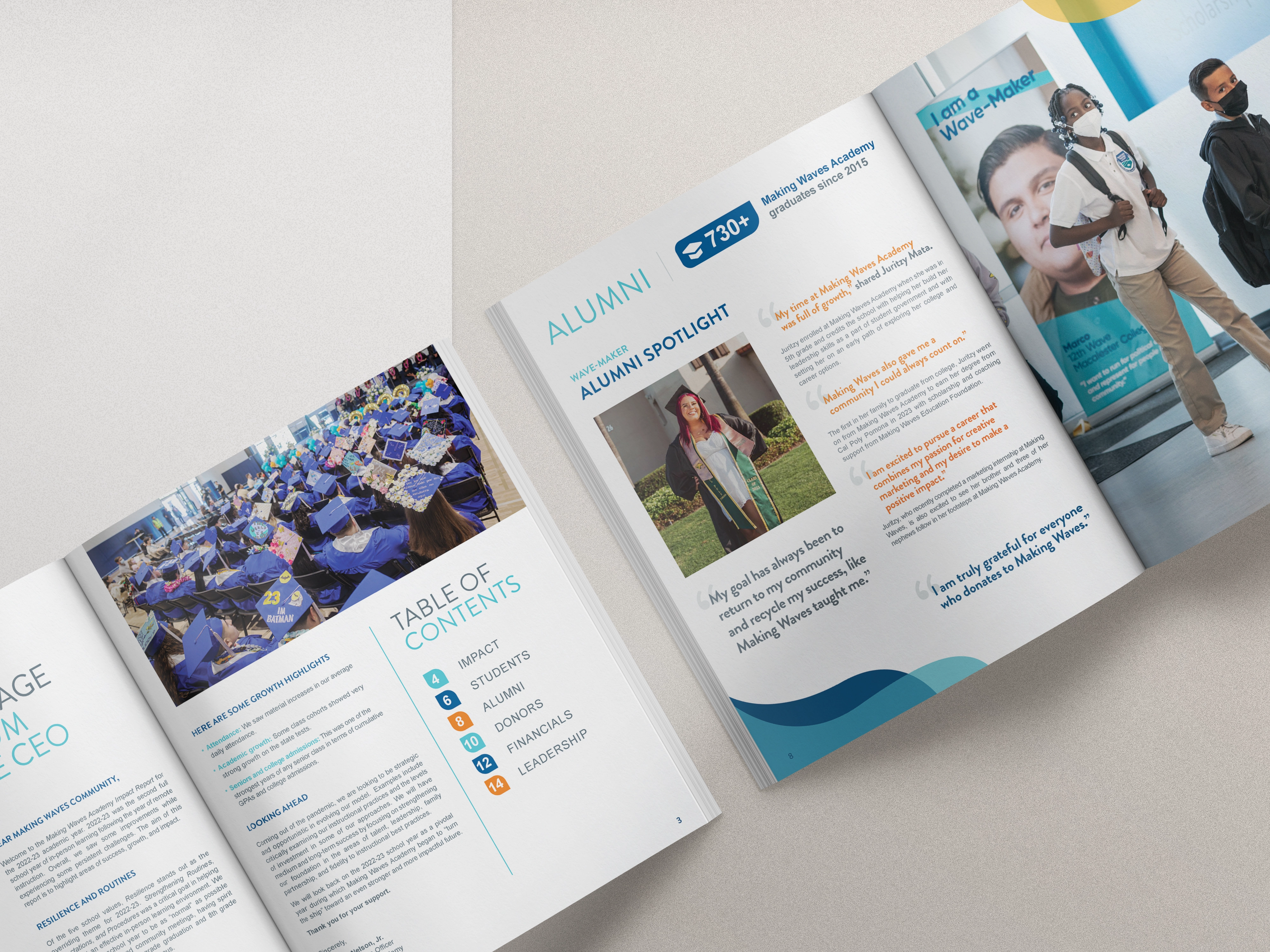 Open annual report showing a graduation ceremony with decorated caps and a page spotlighting alumni stories with quotes and photos.