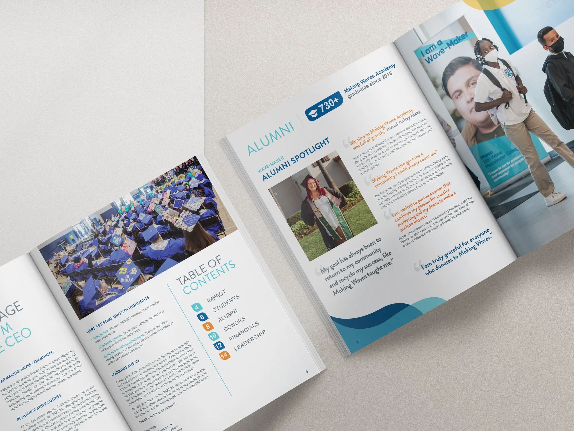 Open annual report showing a graduation ceremony with decorated caps and a page spotlighting alumni stories with quotes and photos.