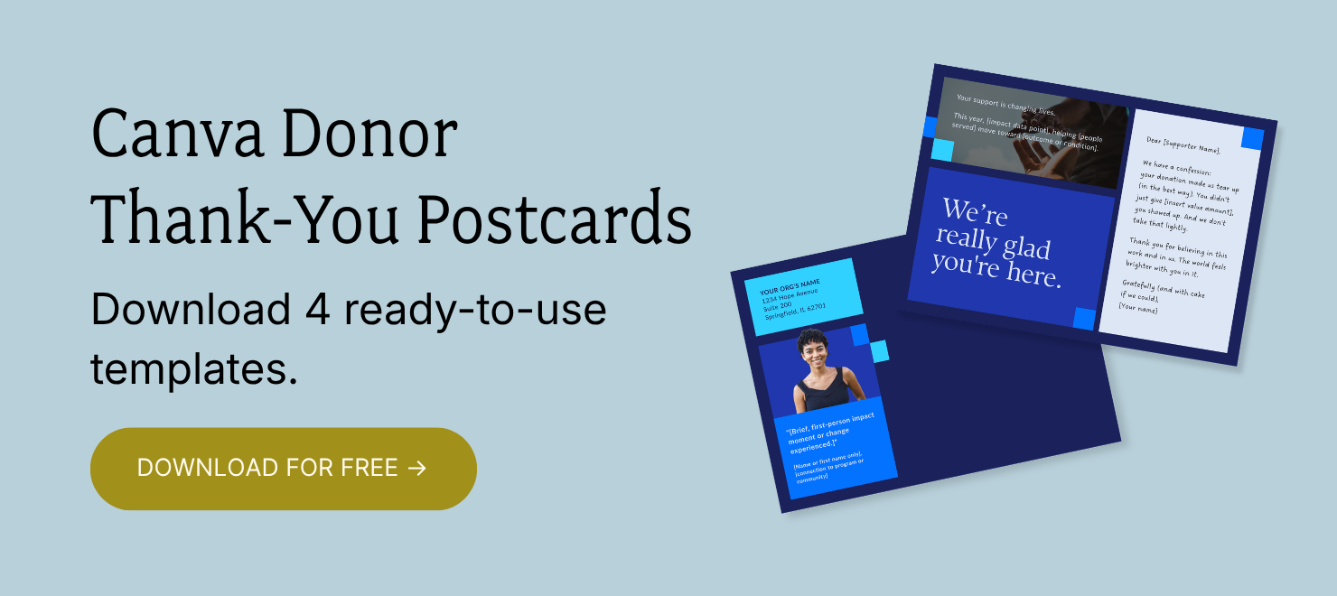 Advertisement for Canva Donor Thank-You Postcards offering four ready-to-use templates with a download button.