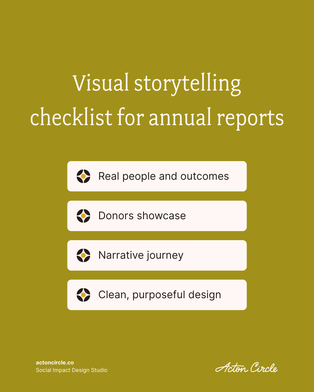 Visual storytelling checklist for enhancing annual reports, highlighting key elements for effective communication.