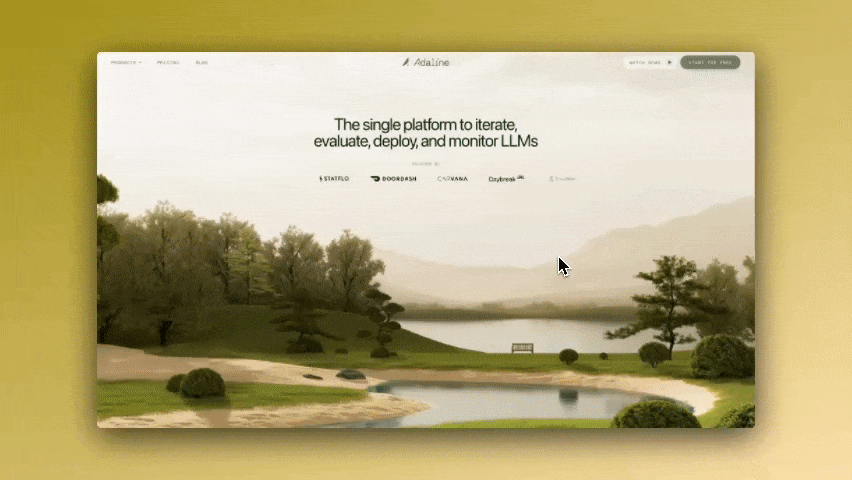 Animated website design showing a softly animated landscape with trees and water, illustrating how dynamic motion can create an immersive storytelling experience for year end fundraising campaigns.