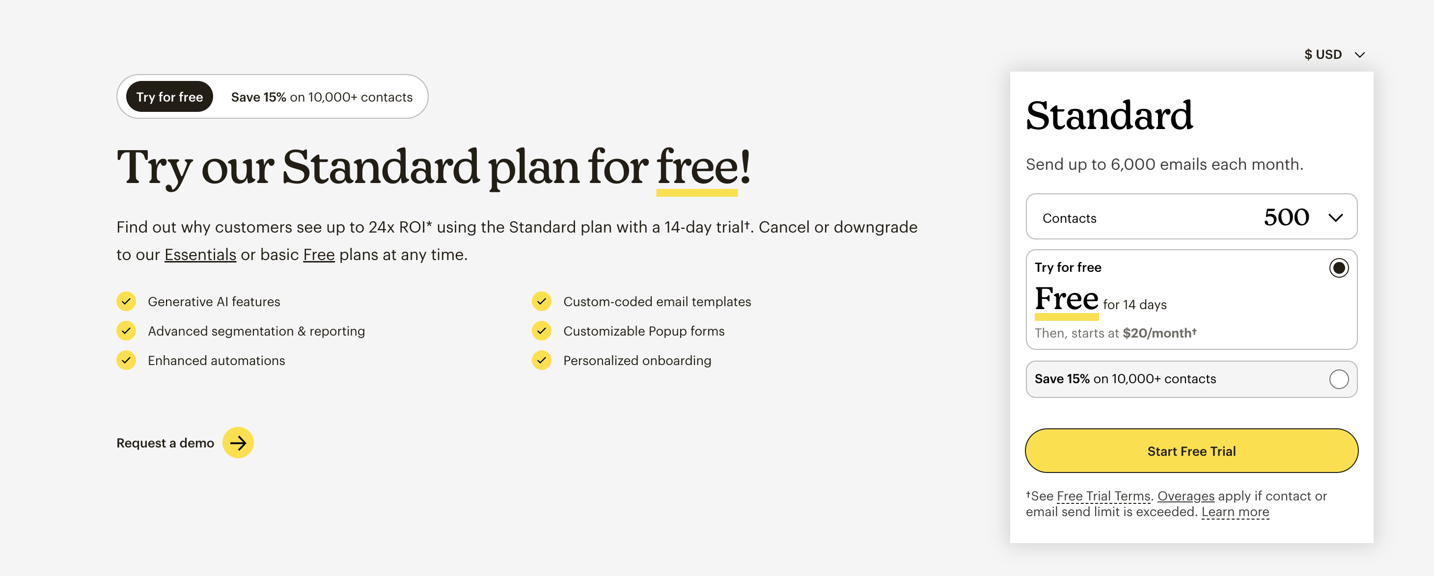Screenshot of a modern SaaS pricing page featuring bold yellow call-to-action buttons, illustrating how clear, high-contrast CTAs can make year end fundraising designs more engaging and actionable.