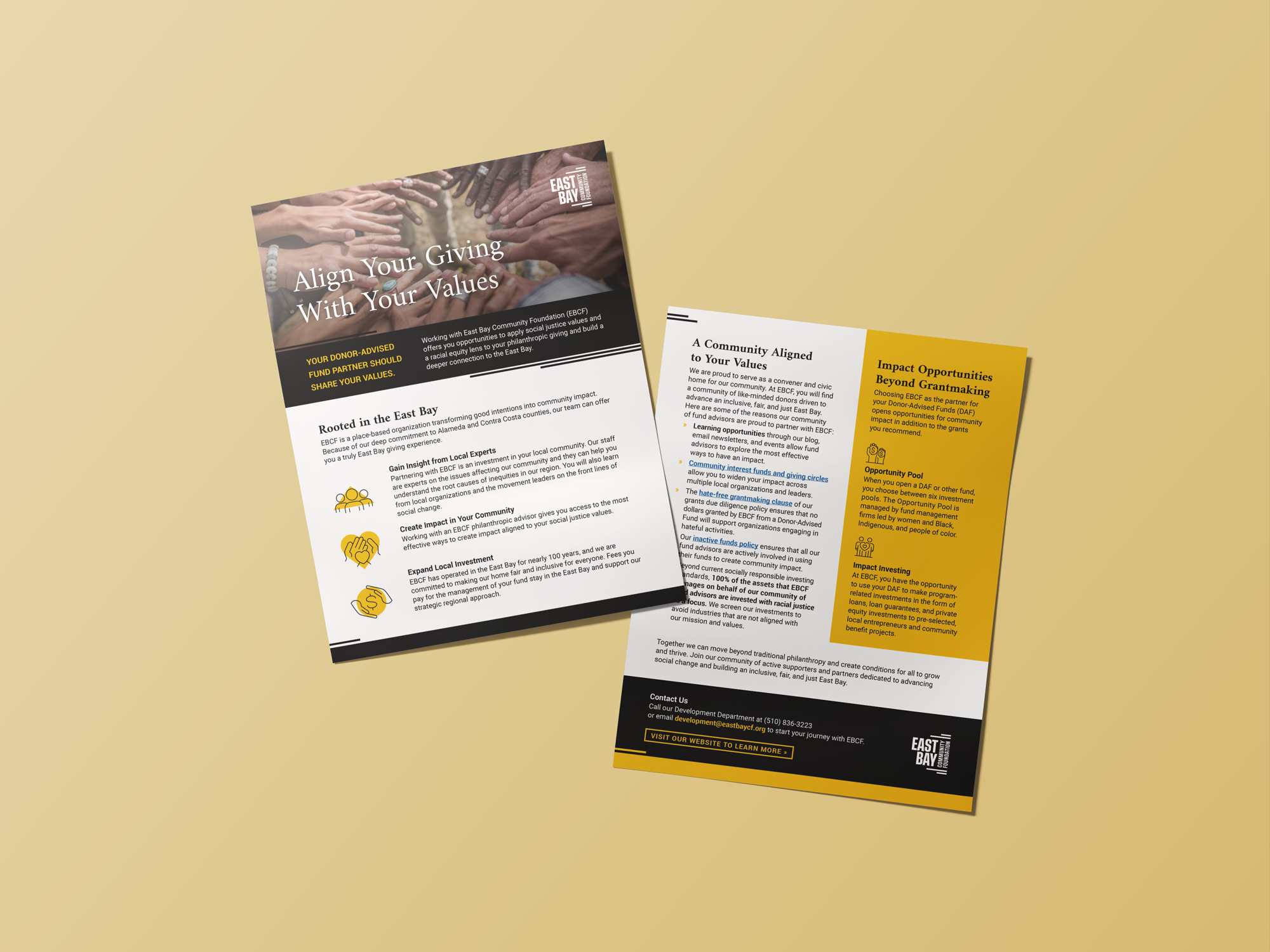 Gold and black nonprofit one-pager showcasing donor-advised fund options, community giving, and values-based philanthropy in the East Bay.