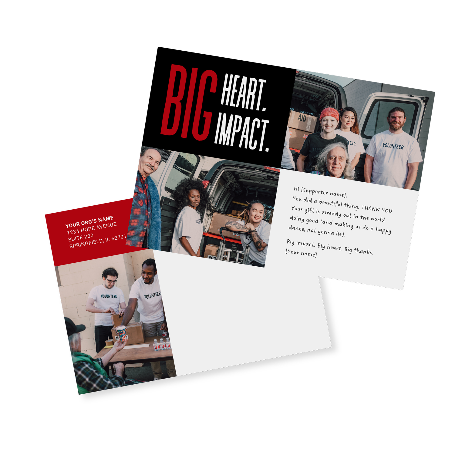 Download the free pack with 4 Canva donor thank-you postcards you can easily customize.