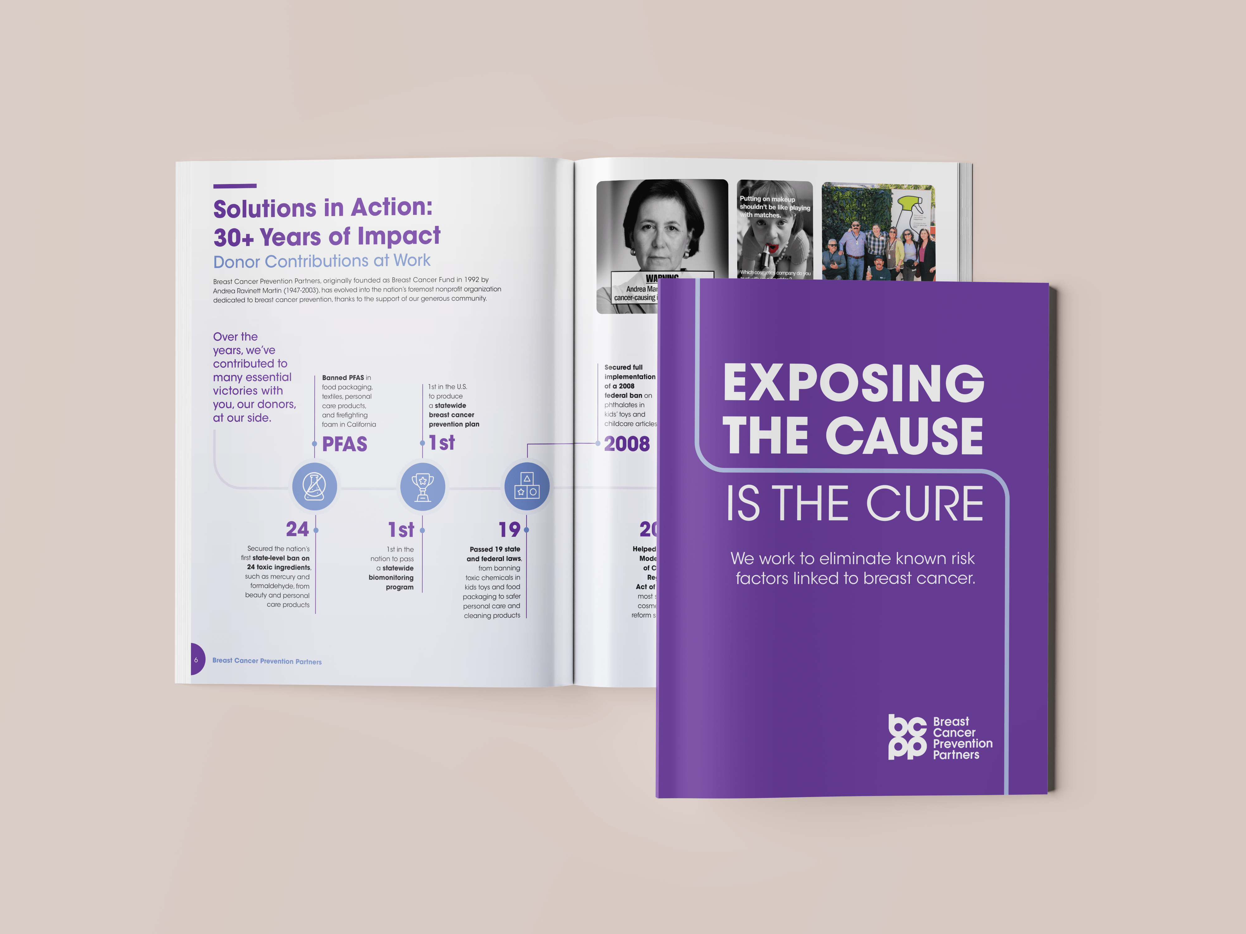 Donor case statement booklet for Breast Cancer Prevention Partners illustrating advocacy milestones, policy wins, and decades of prevention-focused impact.