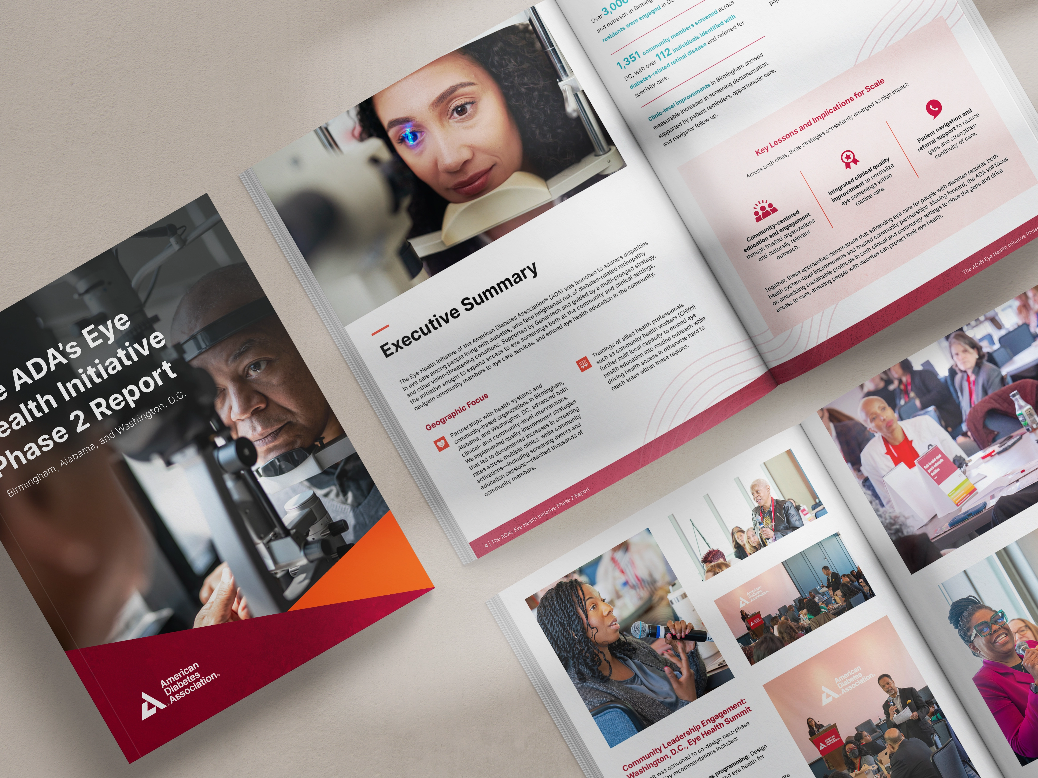 American Diabetes Association Eye Health Initiative report cover with interior spreads showing executive summary, community photos, and program data