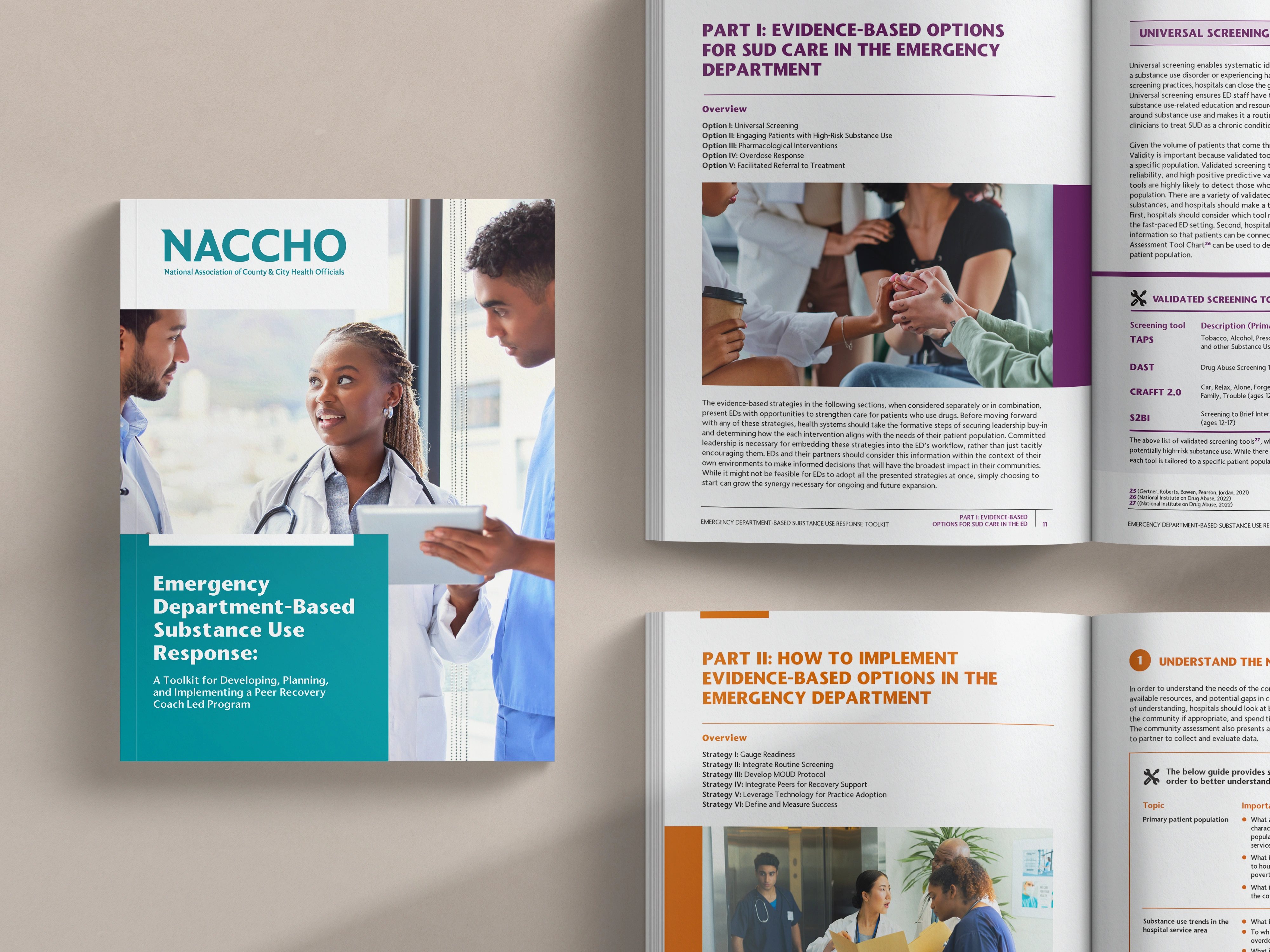 NACCHO Emergency Department-Based Substance Use Response toolkit cover with healthcare workers, open to evidence-based treatment chapters