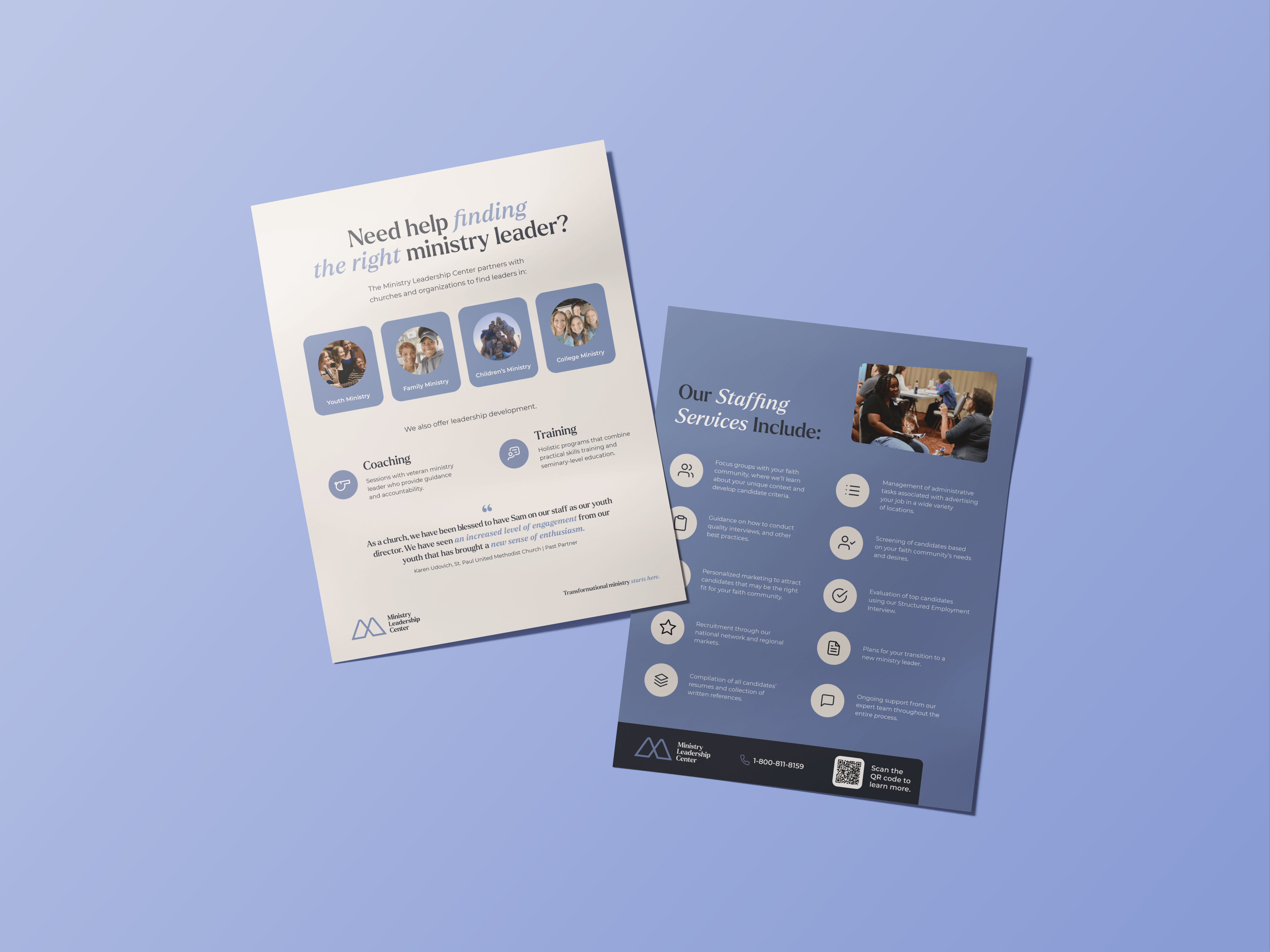 Two-page nonprofit one-pager in soft blue tones promoting ministry staffing, coaching, and training services with rounded photo icons of leaders.