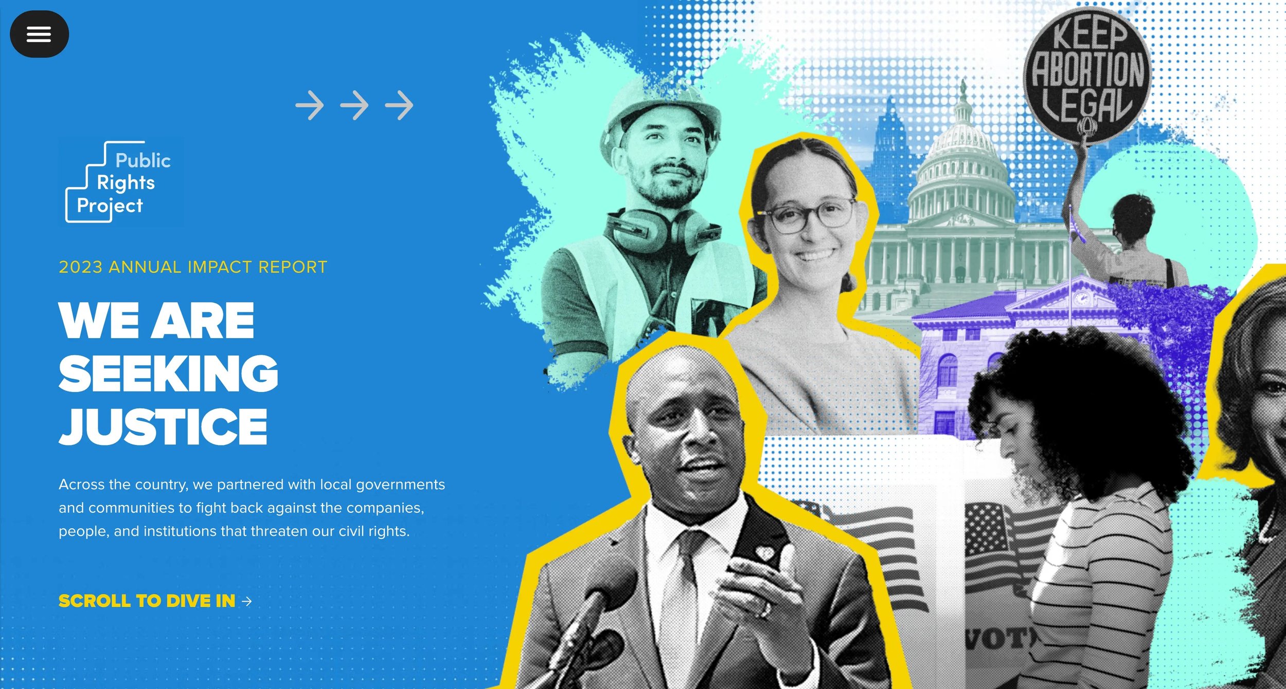 Intro hero section of Public Rights Project Annual Report featuring collage of key mission moments and graphic overlays and textures.