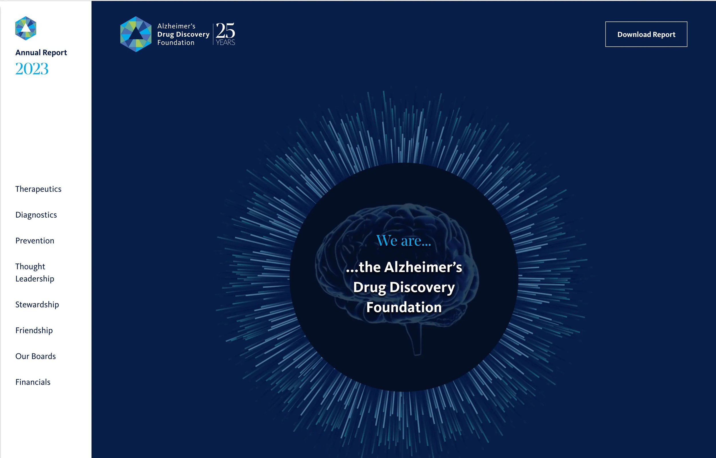 Intro page for Alzheimer's Drug Discovery Foundation's annual report with science graphic and brain.