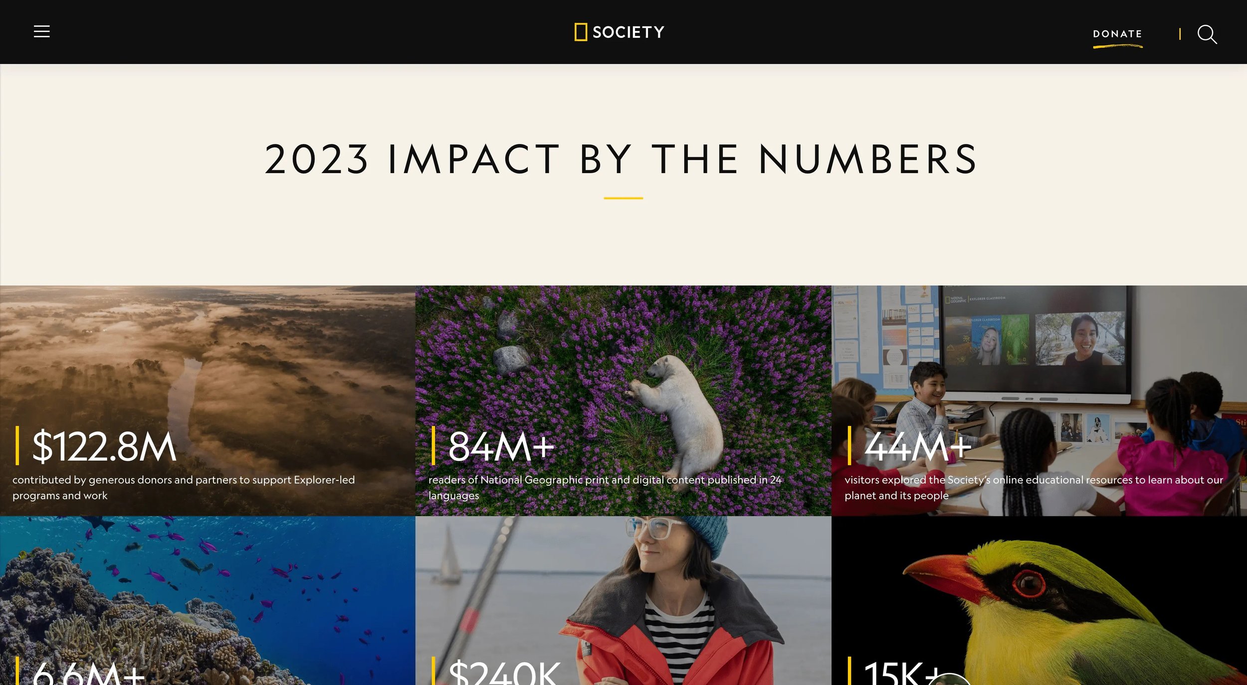 Snapshot of National Geographic's impact by the numbers feature impact data and beautiful imagery of nature, people, and animals.