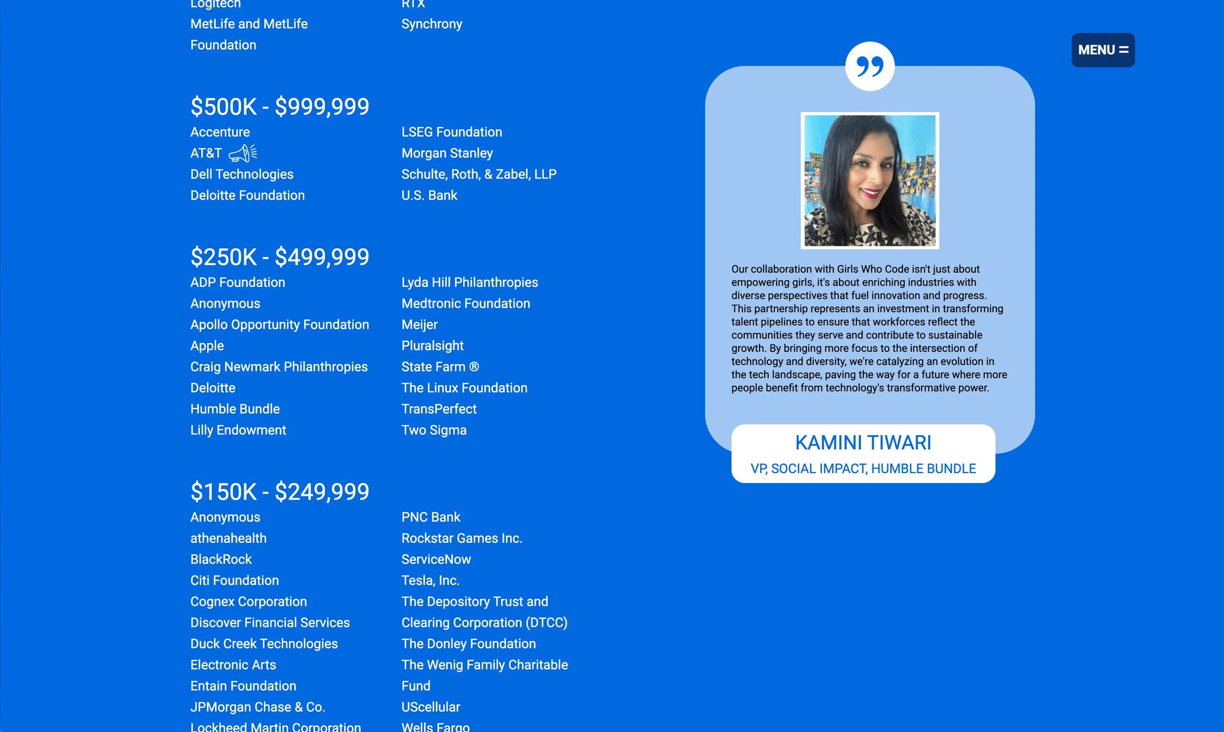 Screenshot of blue page with donor list with highlighted donor story.