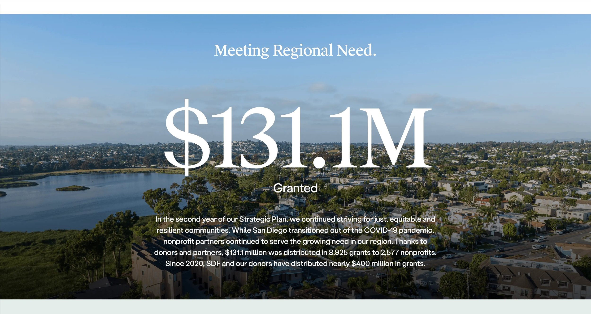 Screenshot from the San Diego Foundation website featuring a $13.1M dollars donated in huge font and a bird's eye view of San Diego.