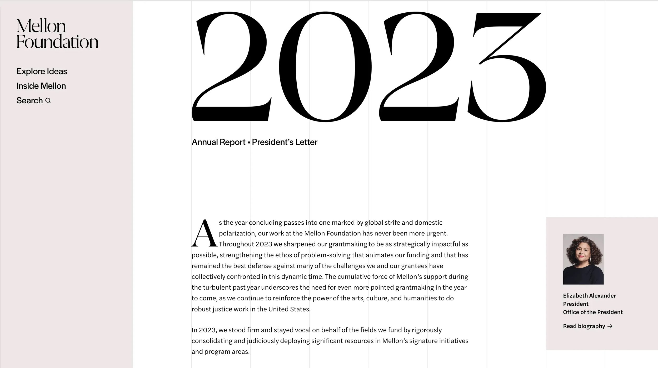Snapshot of Mellon Foundation's annual report featuring 2023 in large font following an image of and letter from their president.
