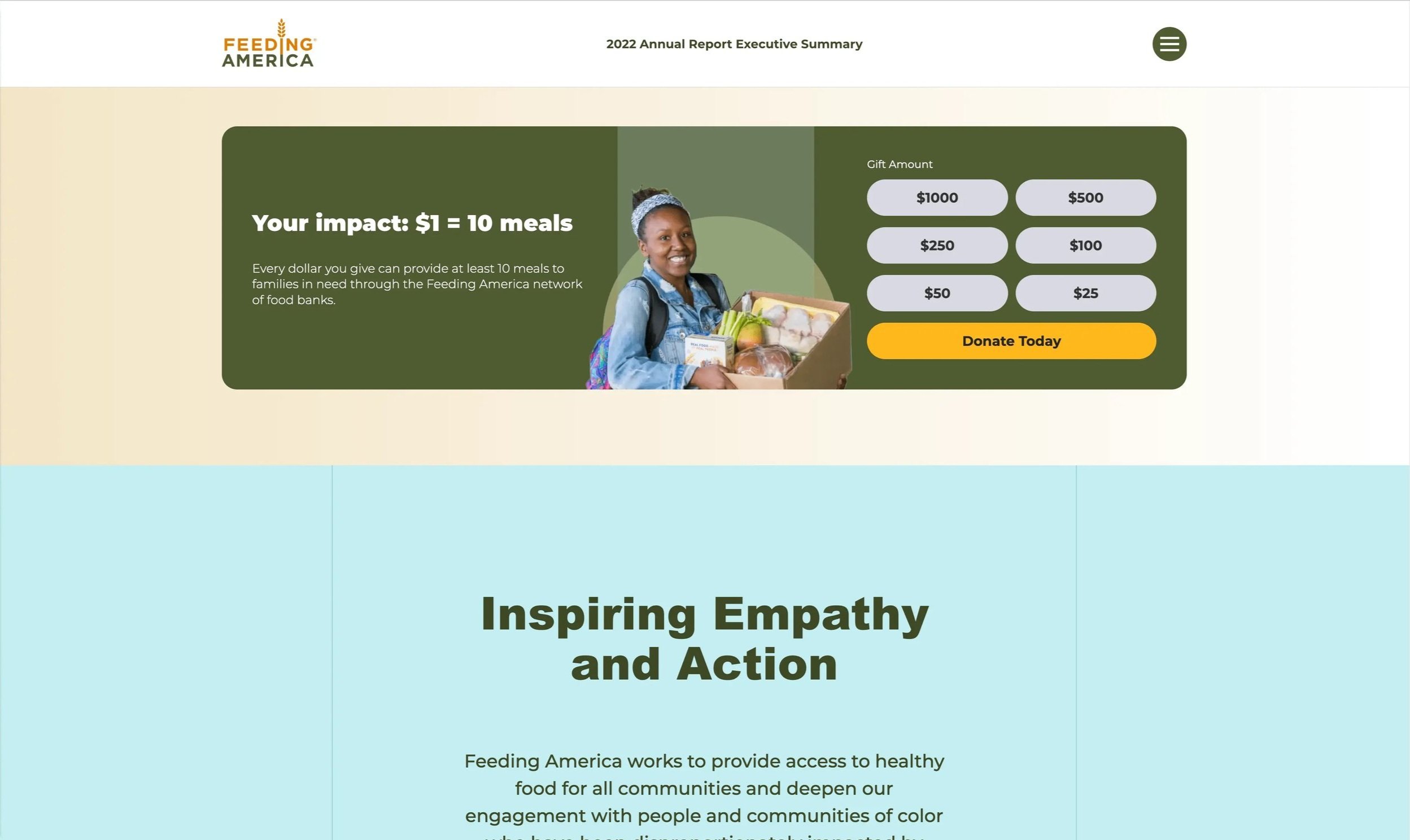 Screenshot of Feeding American 2022 Annual Report with green banner and donation amount.