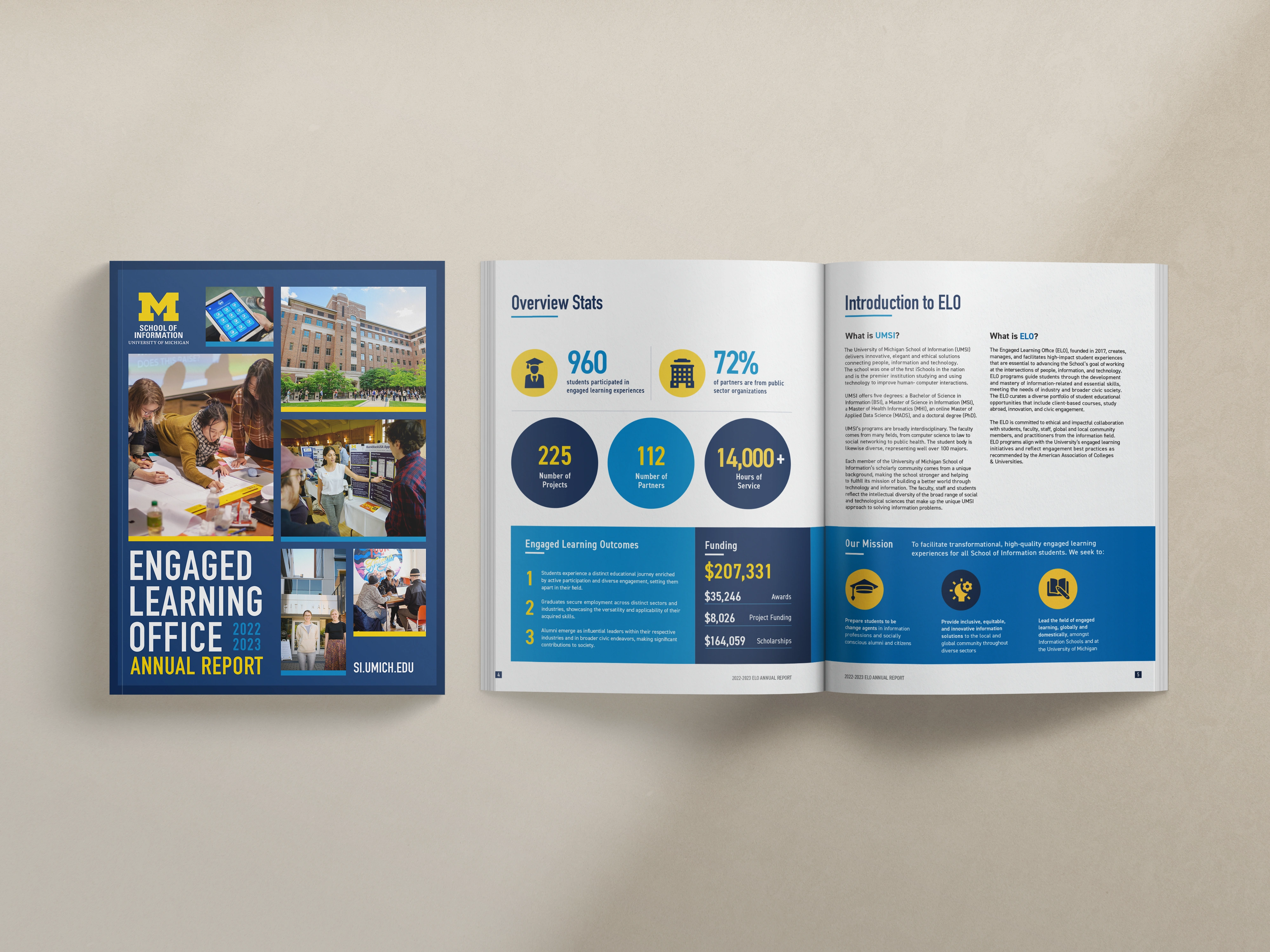 Open booklet showing sections on scholarships, long-term vision, mentorship, mental health workshops, and a testimonial from Maria with her photo.