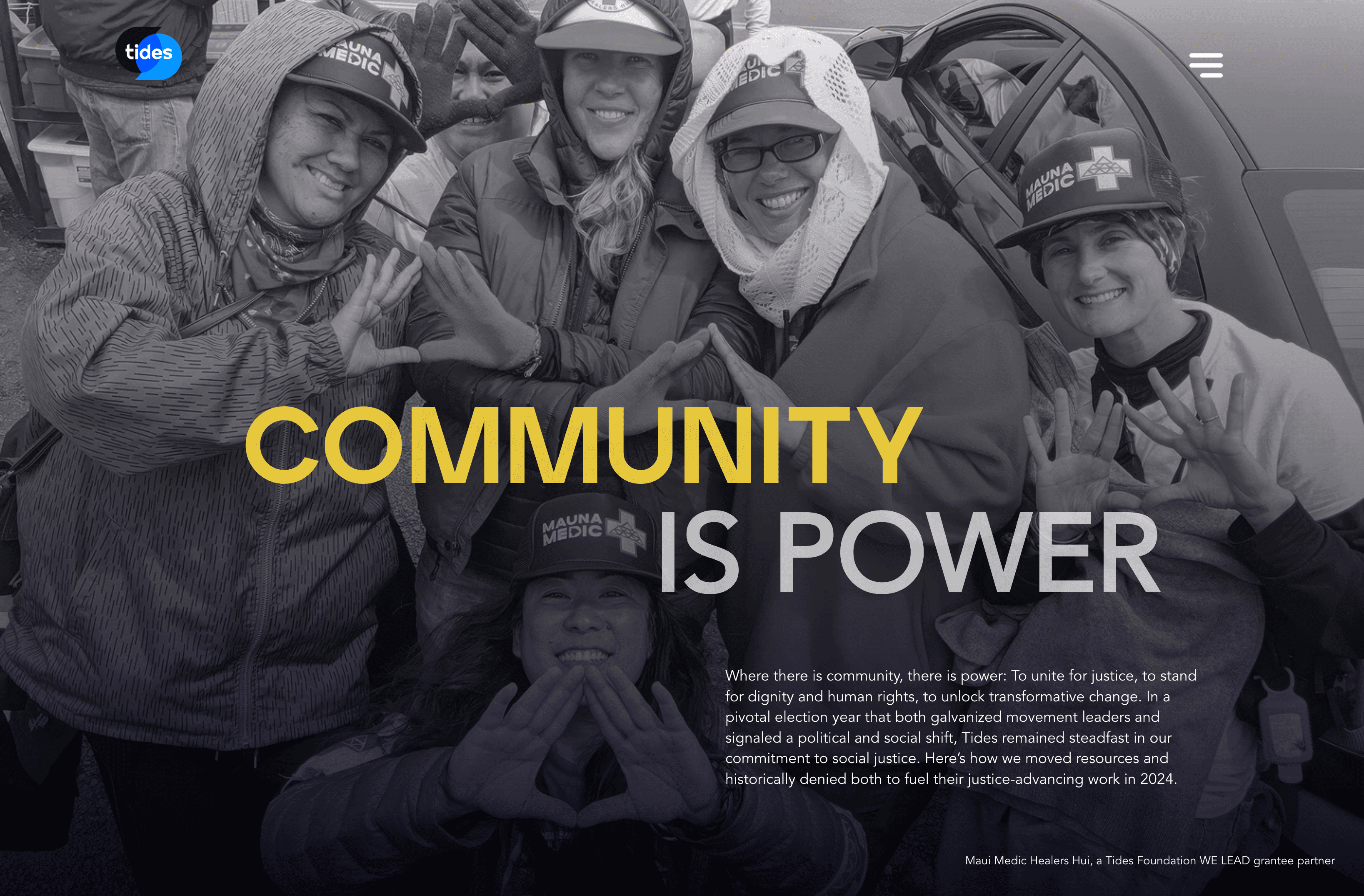 Snapshot of Tides' Annual Report microsite feature the homepage hero with a community of people.