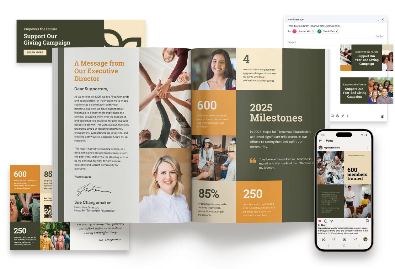 Acton Circle's Annual Report System, consisting of an annual report template and repurposed assets for year-round visibility.