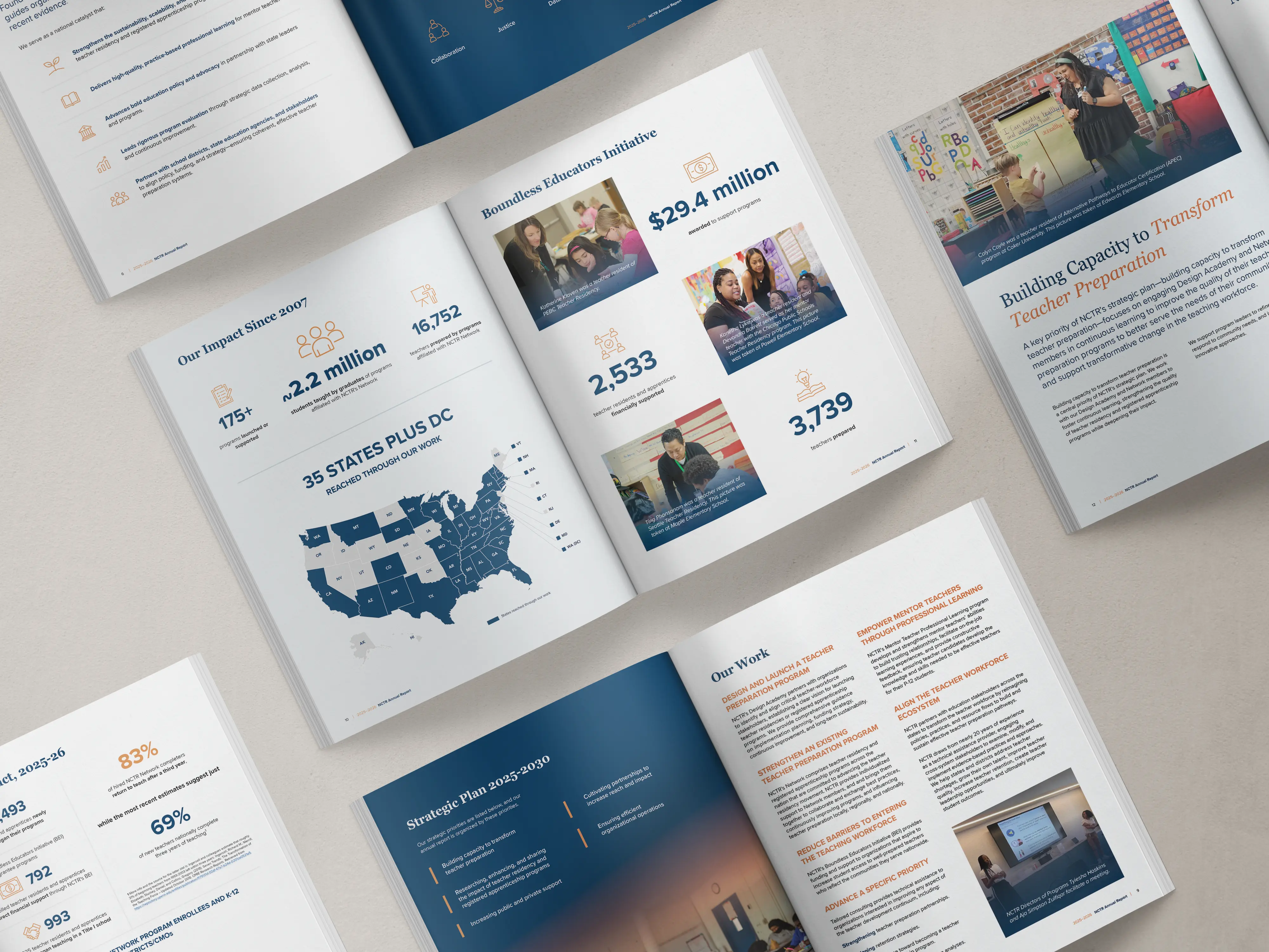 Open booklet showing sections on scholarships, long-term vision, mentorship, mental health workshops, and a testimonial from Maria with her photo.