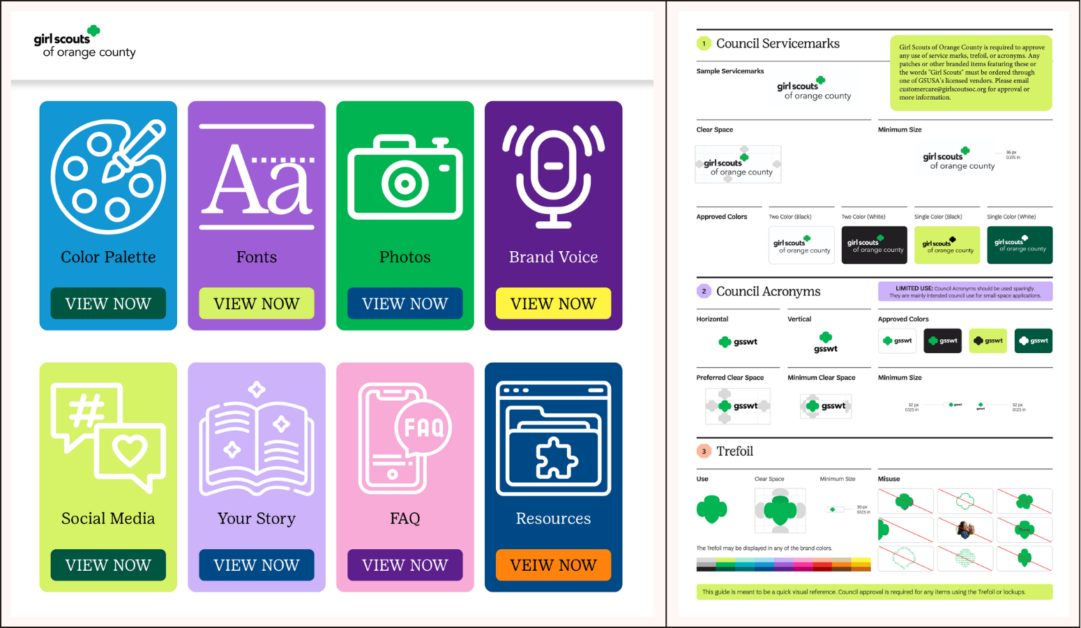 Different versions of the Girl Scouts of Orange County's nonprofit brand guides, including a comprehensive breakdown for every aspect and a one-page cheat sheet for quick access