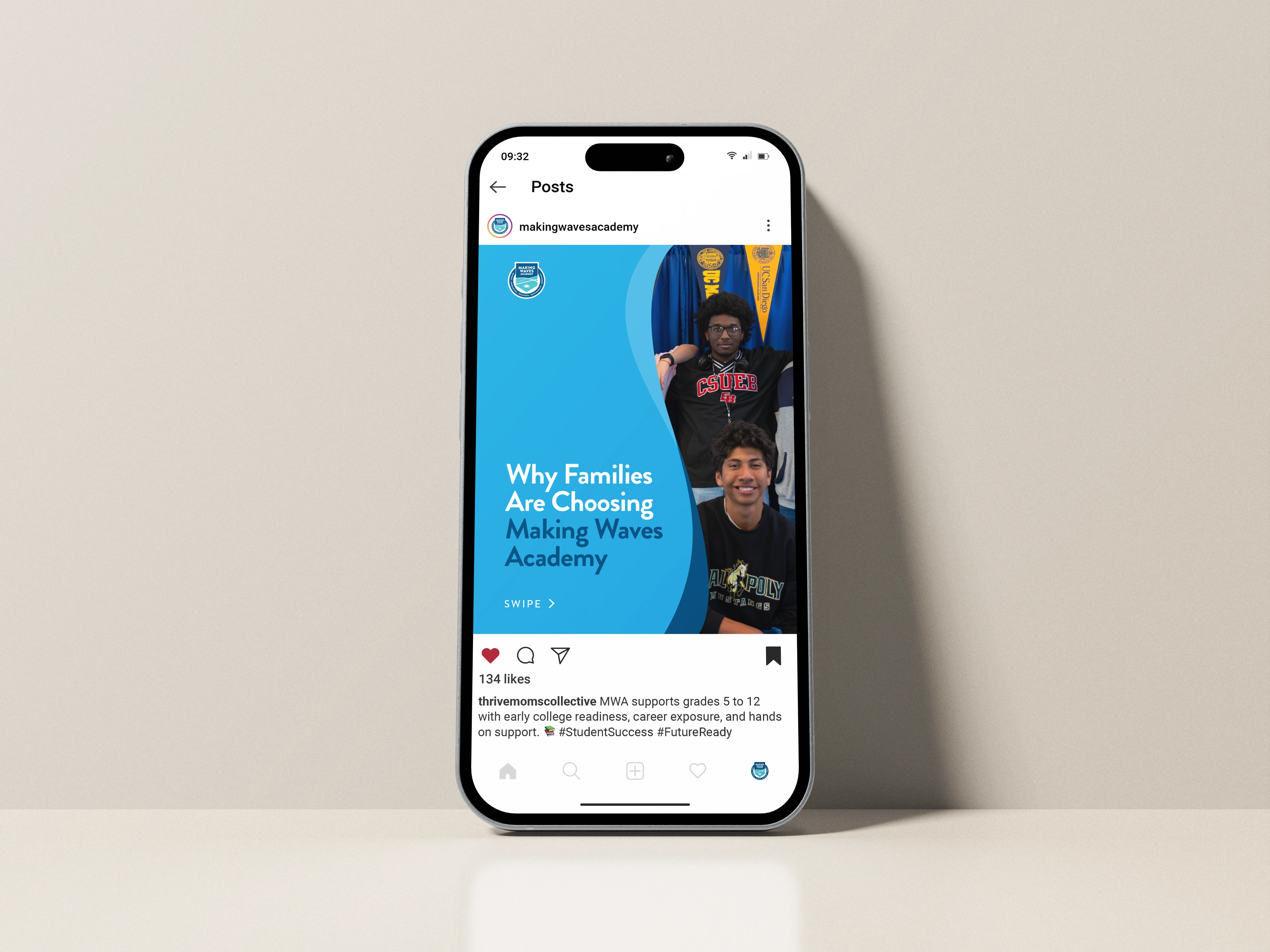 Instagram carousel on why families choose Making Waves Academy, shown on a phone