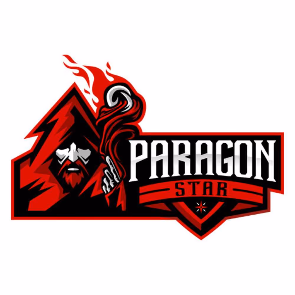 Red hooded figure with a flaming staff next to bold text reading 'Paragon Star' in red and white.