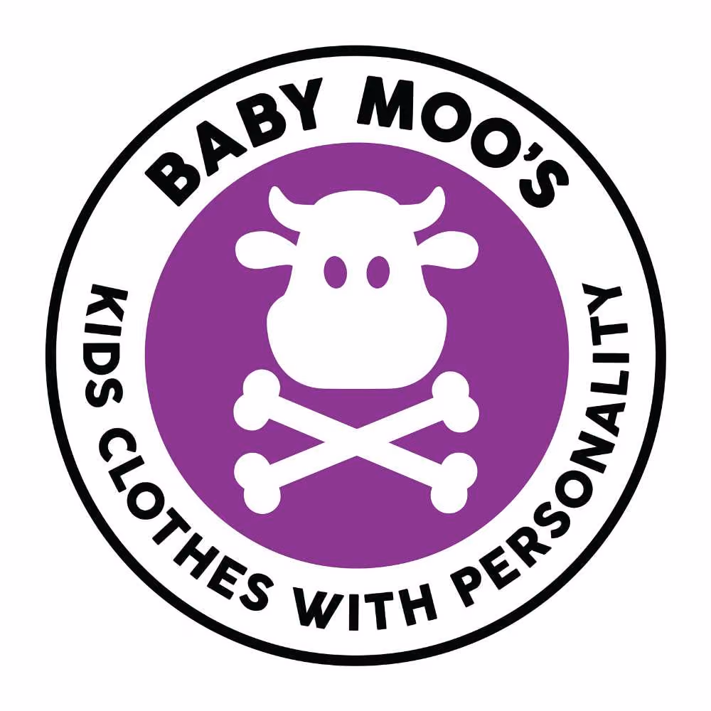 Logo with a white cow head and crossed bones on purple, text reads Baby Moo’s Kids Clothes with Personality.