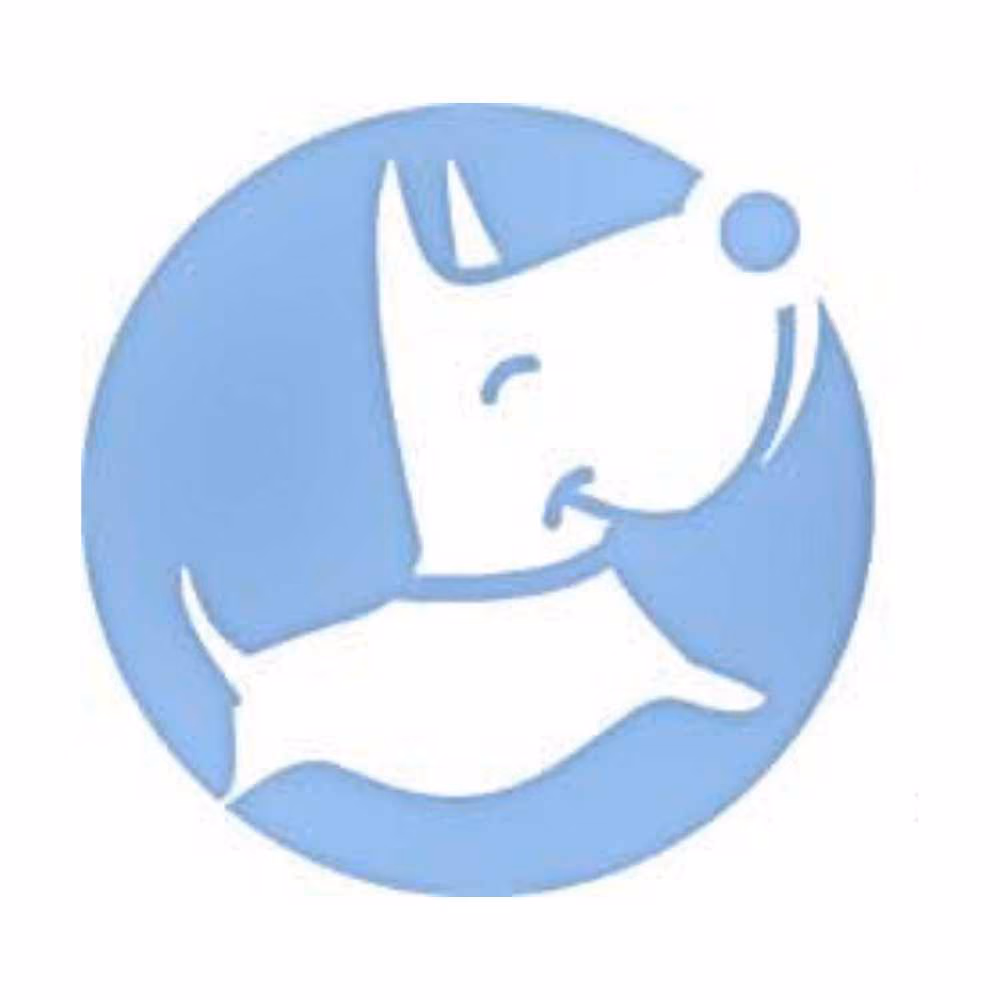 White cartoon dog playing with a ball inside a blue circle.